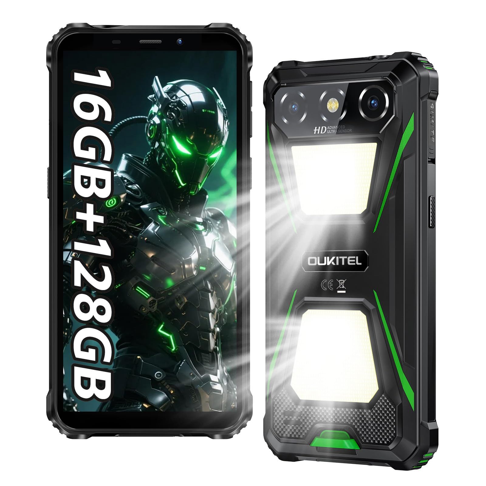 OUKITEL G5 16+128GB Android 14 Outdoor Smartphone (15,24 cm/6.0 Zoll, 128 GB Speicherplatz, 13 MP Kamera, IP68 Wasserdicht Baustellenhandy, 6300mAh, Zeltlampe, OTG, GPS)