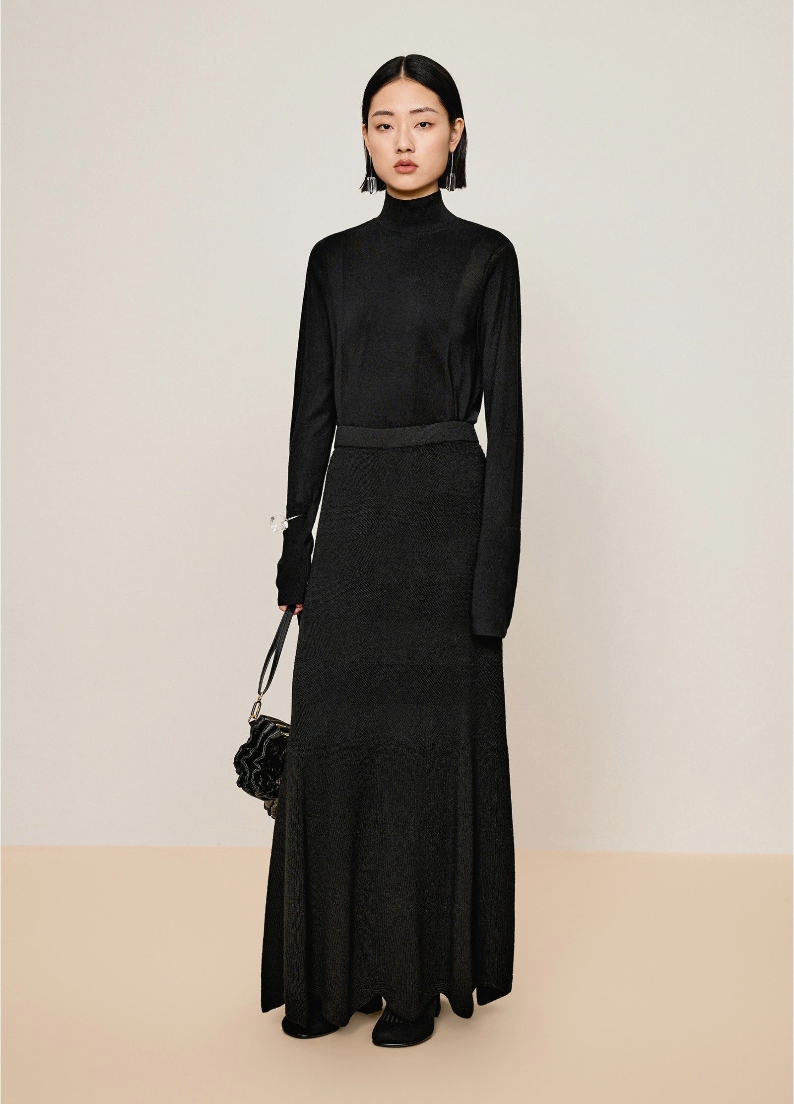 LESS Strickpullover Damen Slim Sweater mit langen Ärmeln Schwarz