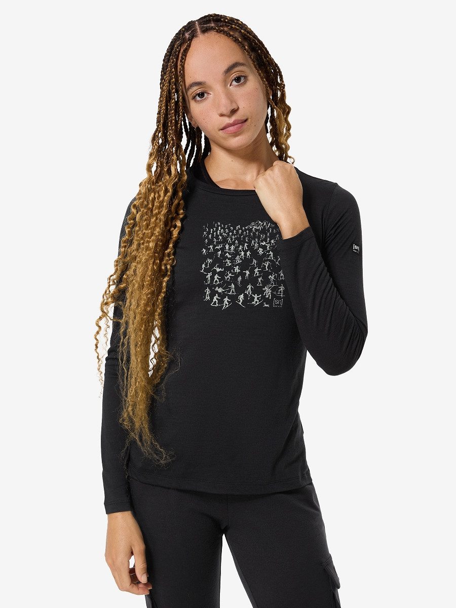 SUPER.NATURAL Langarmshirt für Damen, Merino W FREE SKI TICKETS LS mit Ski-Motiv, atmungsaktiv