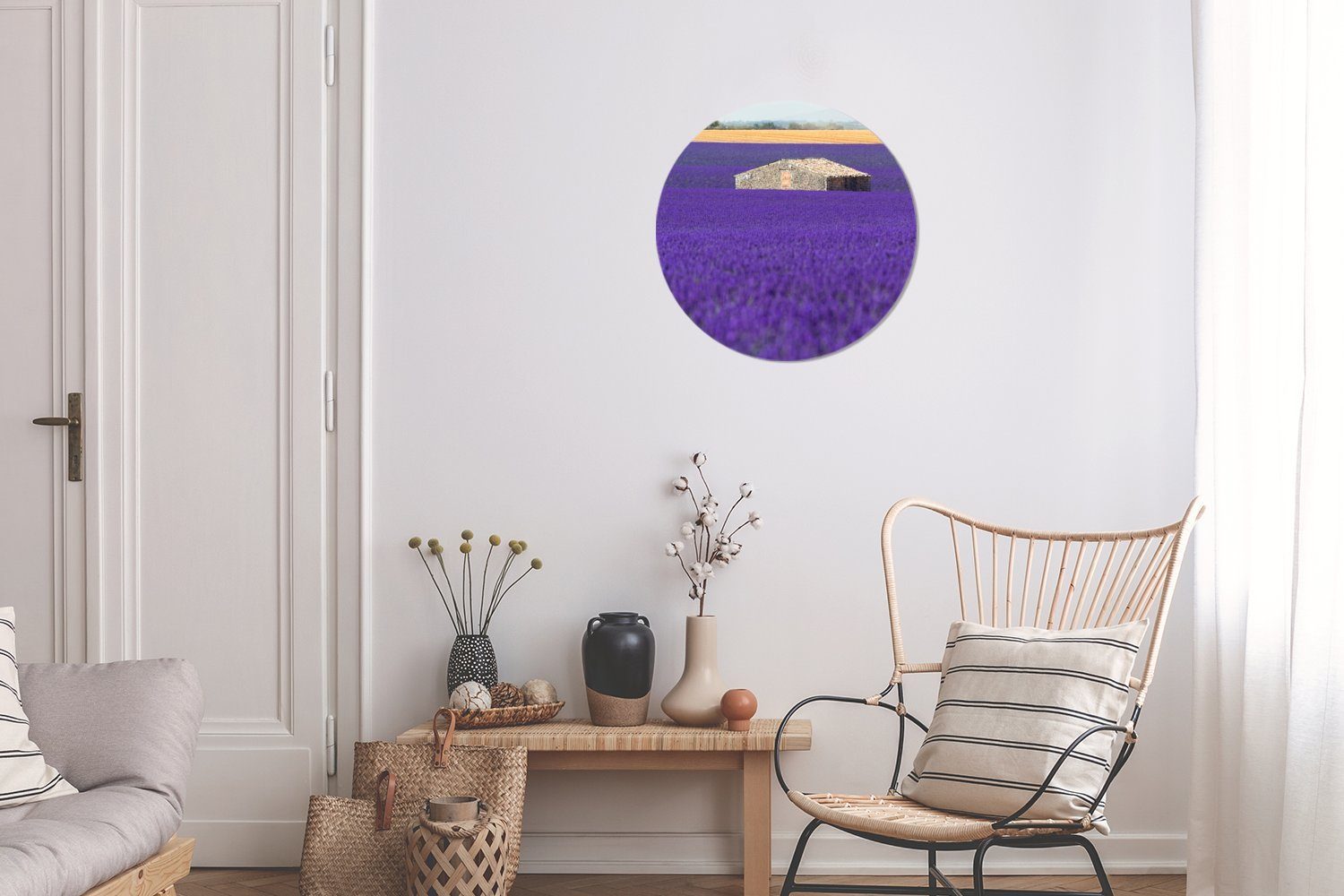 St), 30x30 Kreis Wandbild, kleinen einem mit der Lavendelfeld cm (1 Großes in Wanddekoration Wohnzimmer, Mitte, Haus Rundes Forex, Gemälde MuchoWow