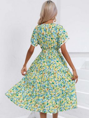 BlauWave Druckkleid Sommerkleider mit Blumenmuster und V-Ausschnitt (Bequeme Passform, 1-tlg., Für den Alltag unterwegs) Maxikleid mit Blumendruck für Frauen