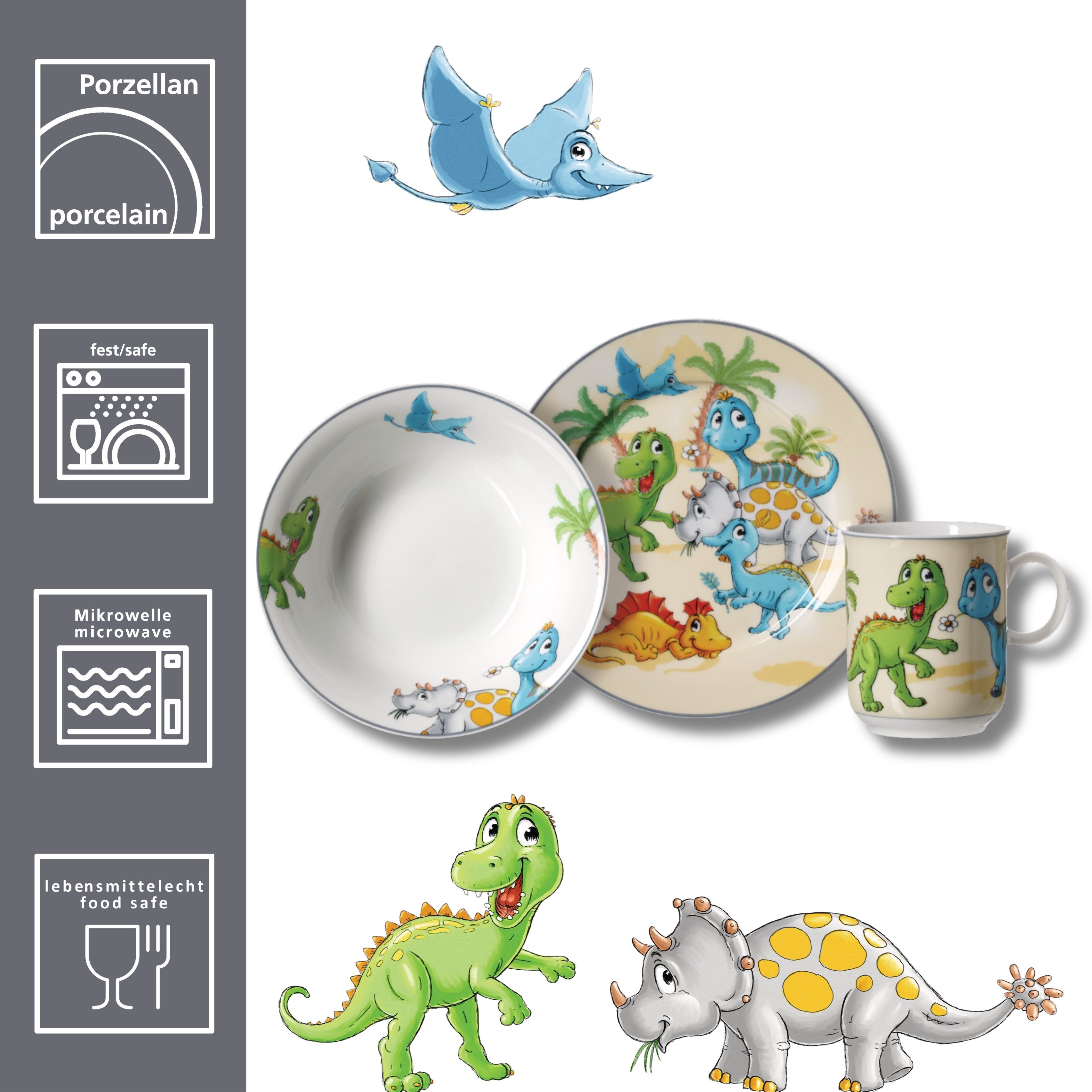 Ritzenhoff & Breker Kindergeschirr-Set Dino (3-tlg), 1 Personen, Porzellan