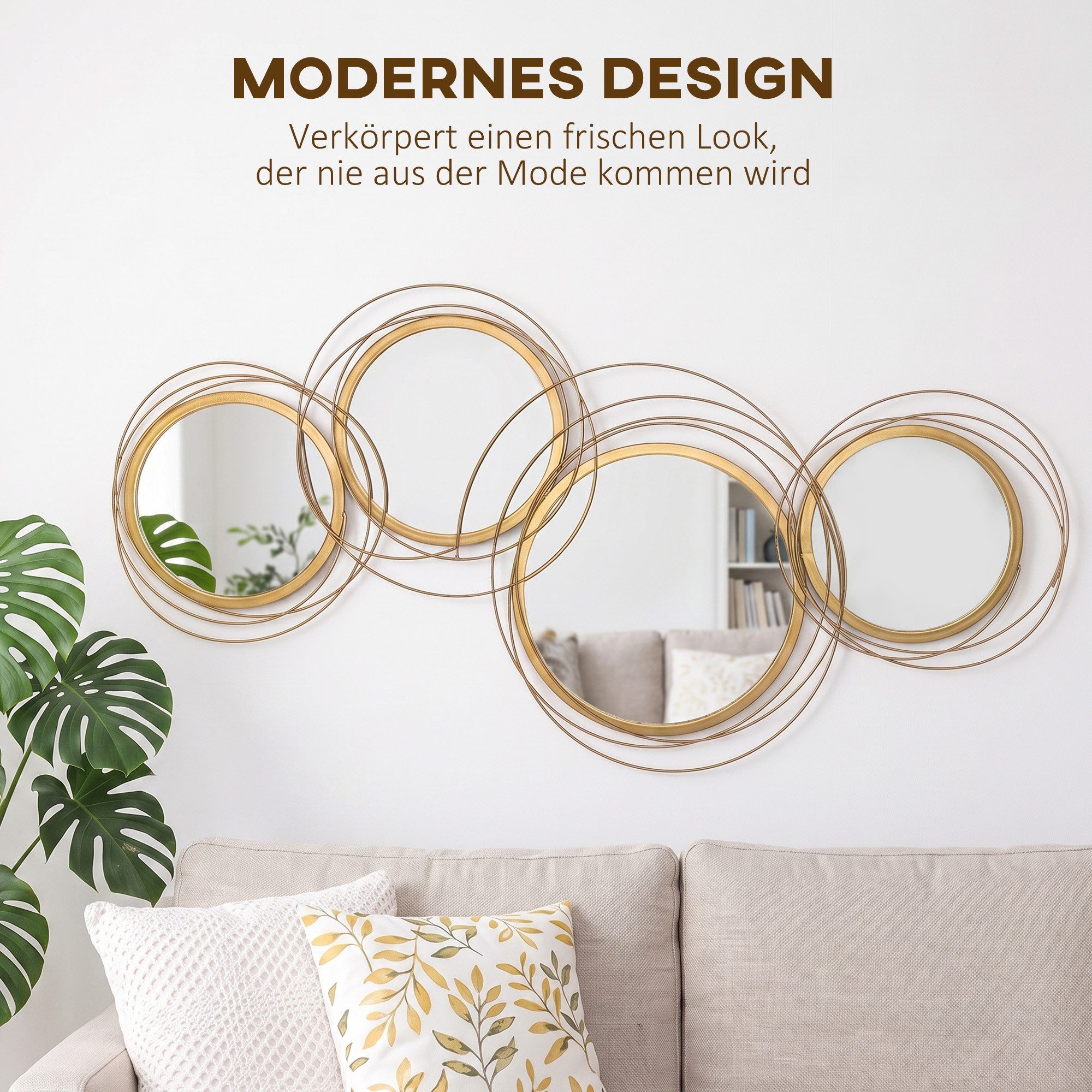 HOMCOM Wandbild Wandspiegel mit 4 runden Spiegeln, Wohnzimmerdeko, Flurspiegel, modern (Wanddeko, 1 St), Metall, Gold, 107 x 4 x 56 cm – Bild 4 von 5