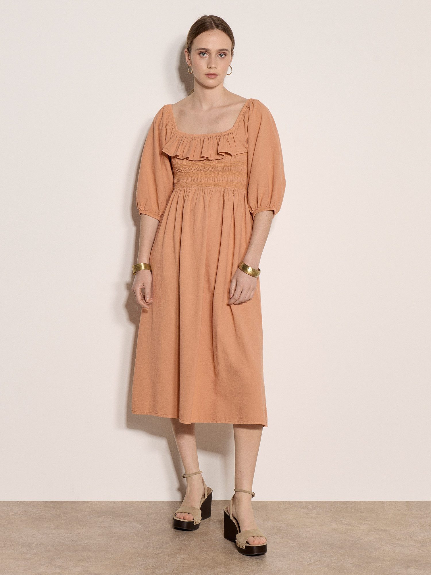 Apricot Midikleid Midi-Kleid im Milchmädchen-Stil mit Rüschen Gerafft