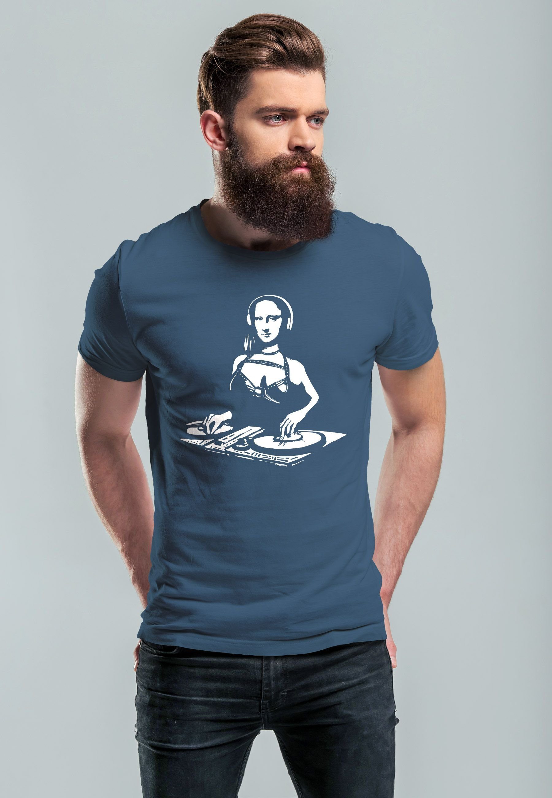 Music Rave Herren Mona denim Fash Lisa Electronic Festival Print-Shirt Techno Print DJ Neverless blue mit T-Shirt