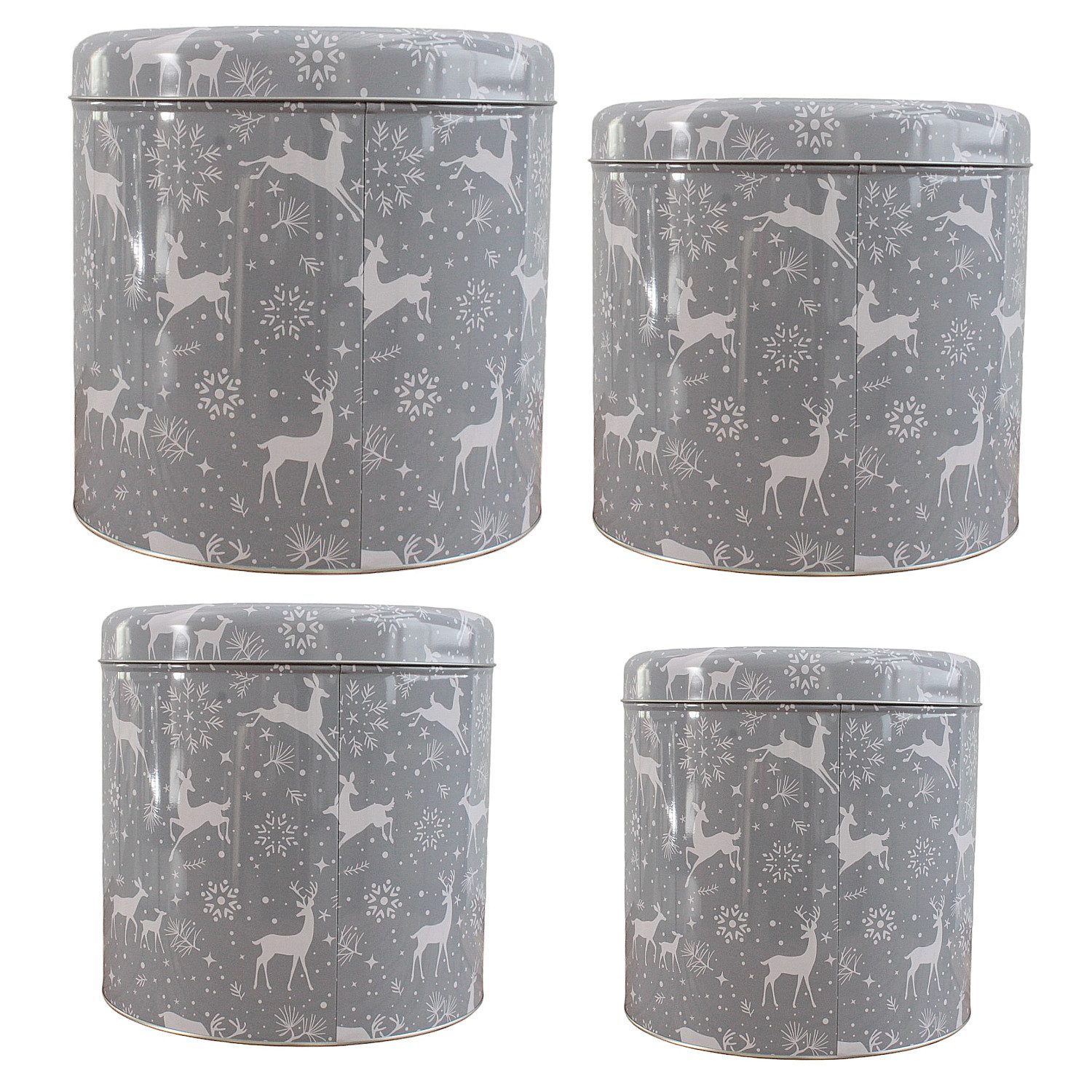 Macosa Home Keksdose Gebäckdosen 4er Set Metall Rot od. Grau Plätzchendose, Metall, (rund Schneeflocke Rentiere Gebäckaufbewahrung modern, Vorratsdose Weihnachten Blechdose), stapelbare Keks-Dose Aufbewahrungsdose Plätzchen