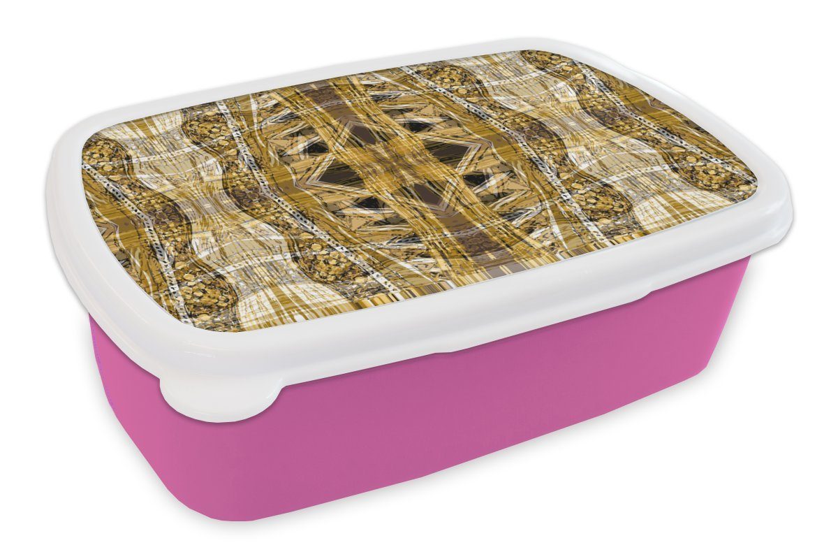 MuchoWow Lunchbox Gold - Afrika - Muster - Tiere, Kunststoff, (2-tlg), Brotbox für Erwachsene, Brotdose Kinder, Snackbox, Mädchen, Kunststoff rosa