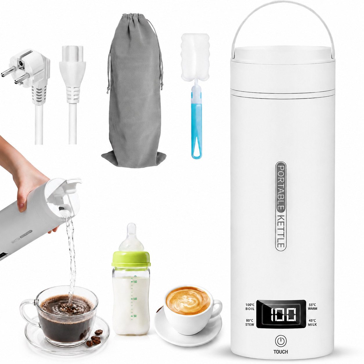 Fyrove Reise-Wasserkocher Tragbarer Wasserkocher, 500 ml, Edelstahl 316, LCD, 4 Temperaturstufen, Heizbecher, 300 W, Warmhaltefunktion für …