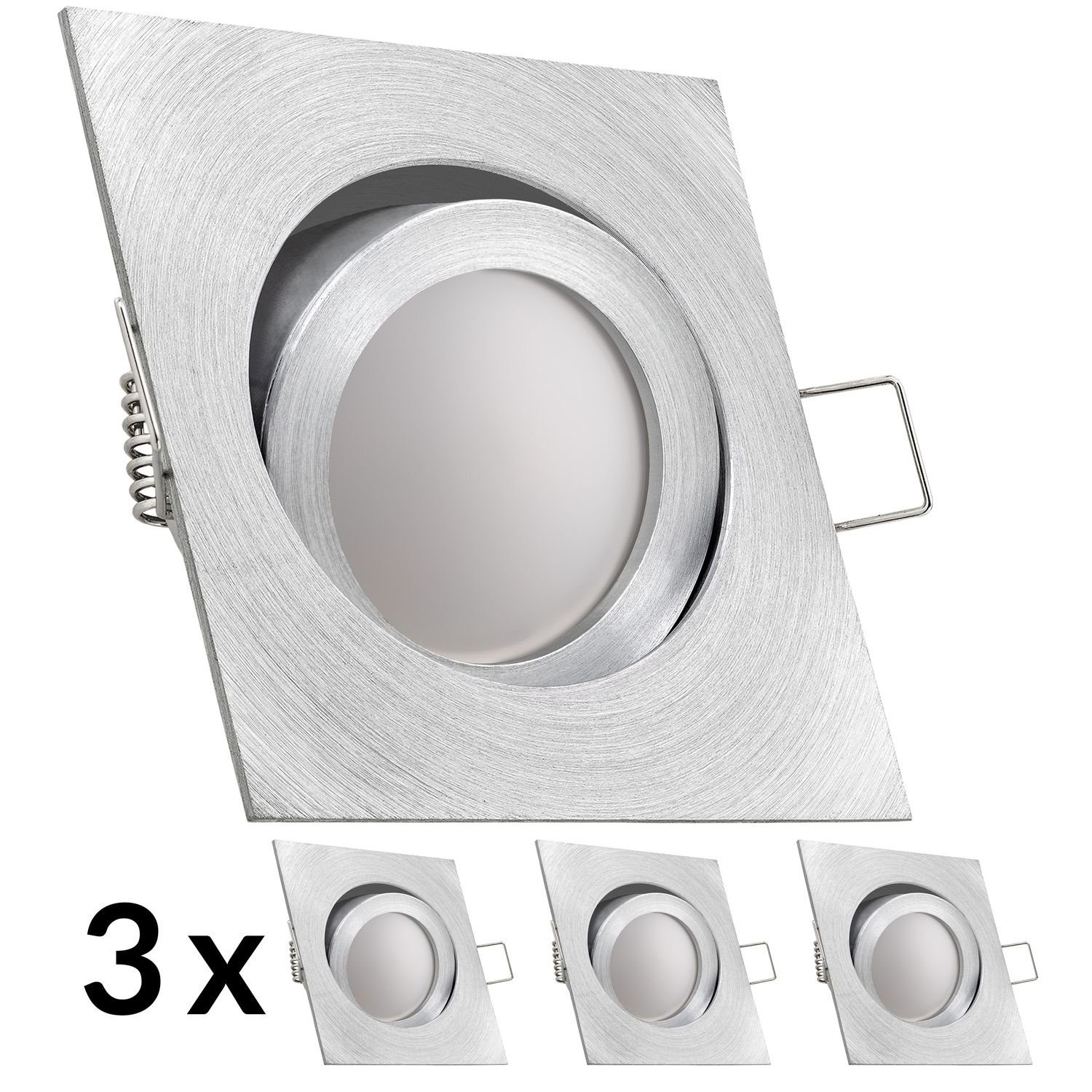 LEDANDO LED Einbaustrahler 3er LED Einbaustrahler Set Aluminium natur mit LED GU10 Markenstrahler