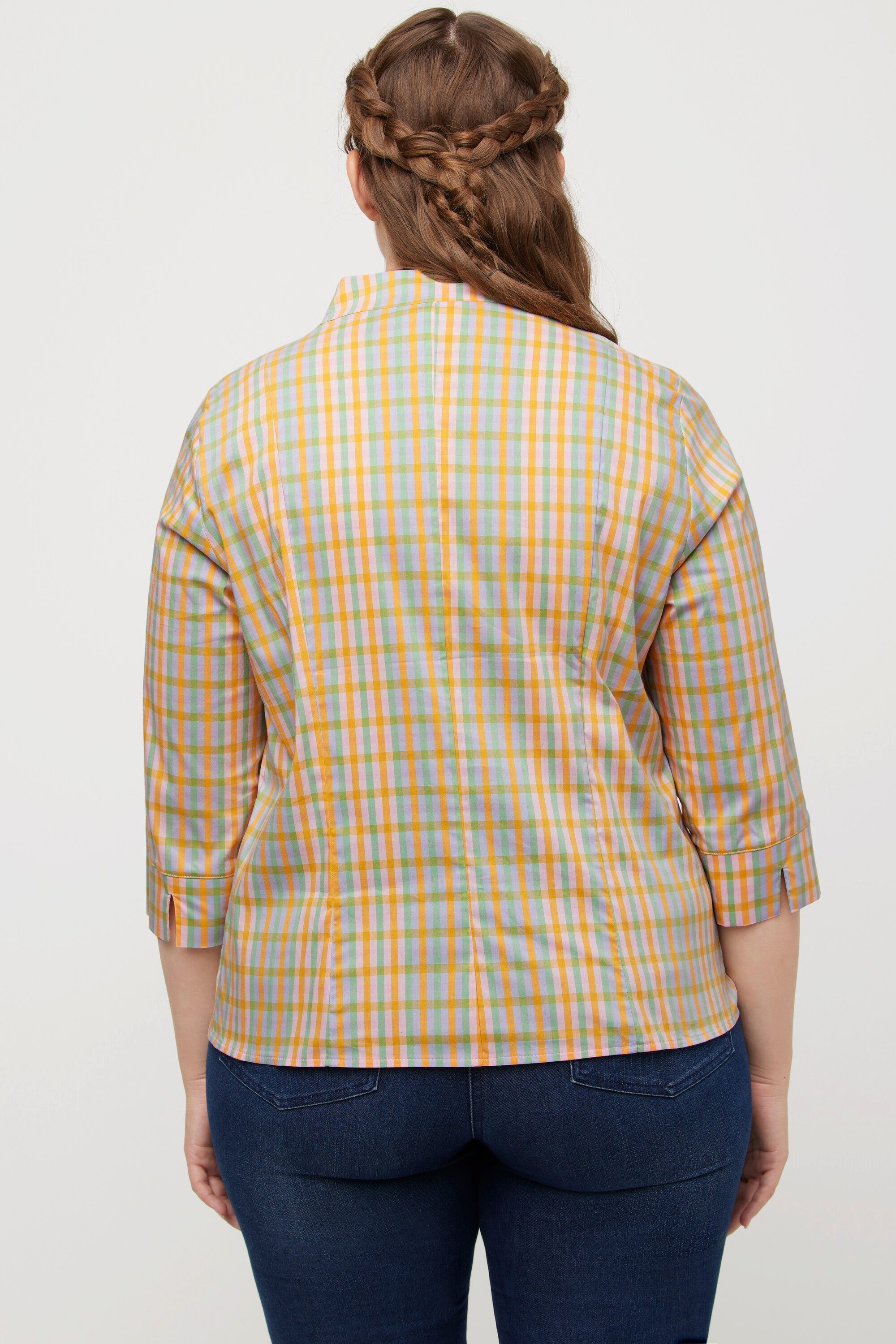 Ulla Popken Longbluse Bluse Karo Slim Kelchkragen V-Ausschnitt 3/4-Arm