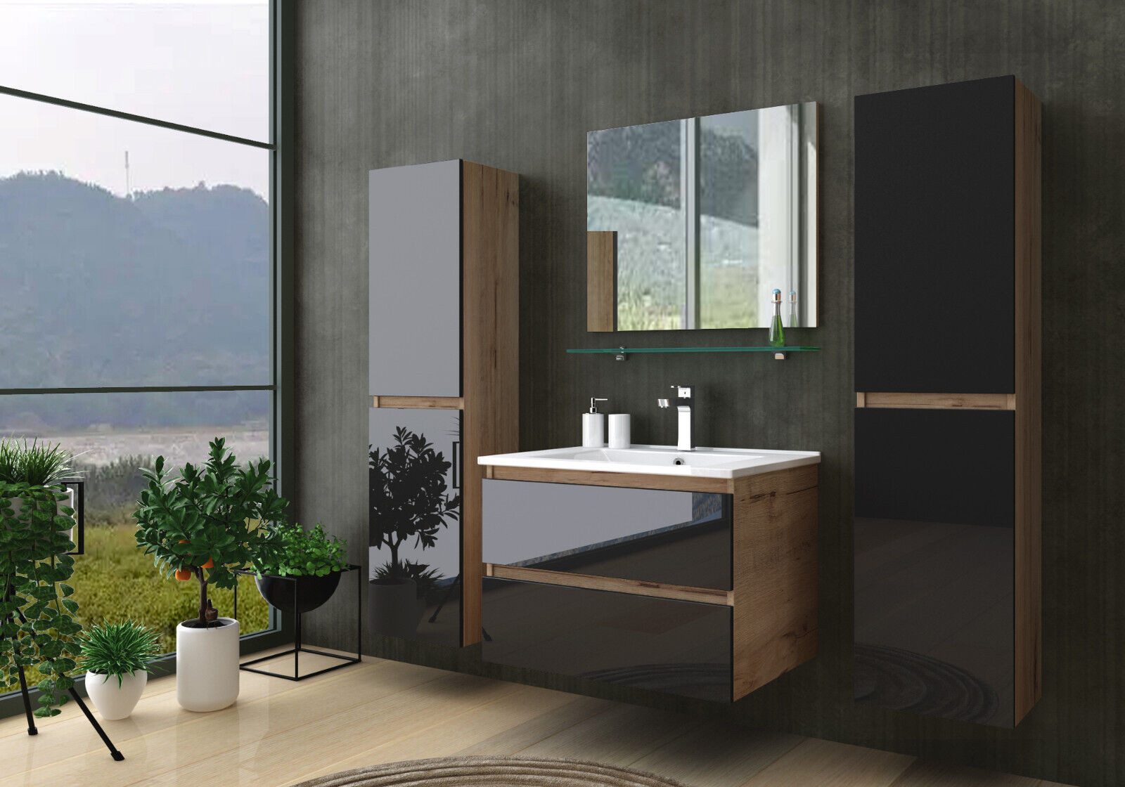 Homeline Badmöbel-Set Bad Möbel Set, Hochglanz, Eiche schwarz und weiß Soft günstig online kaufen