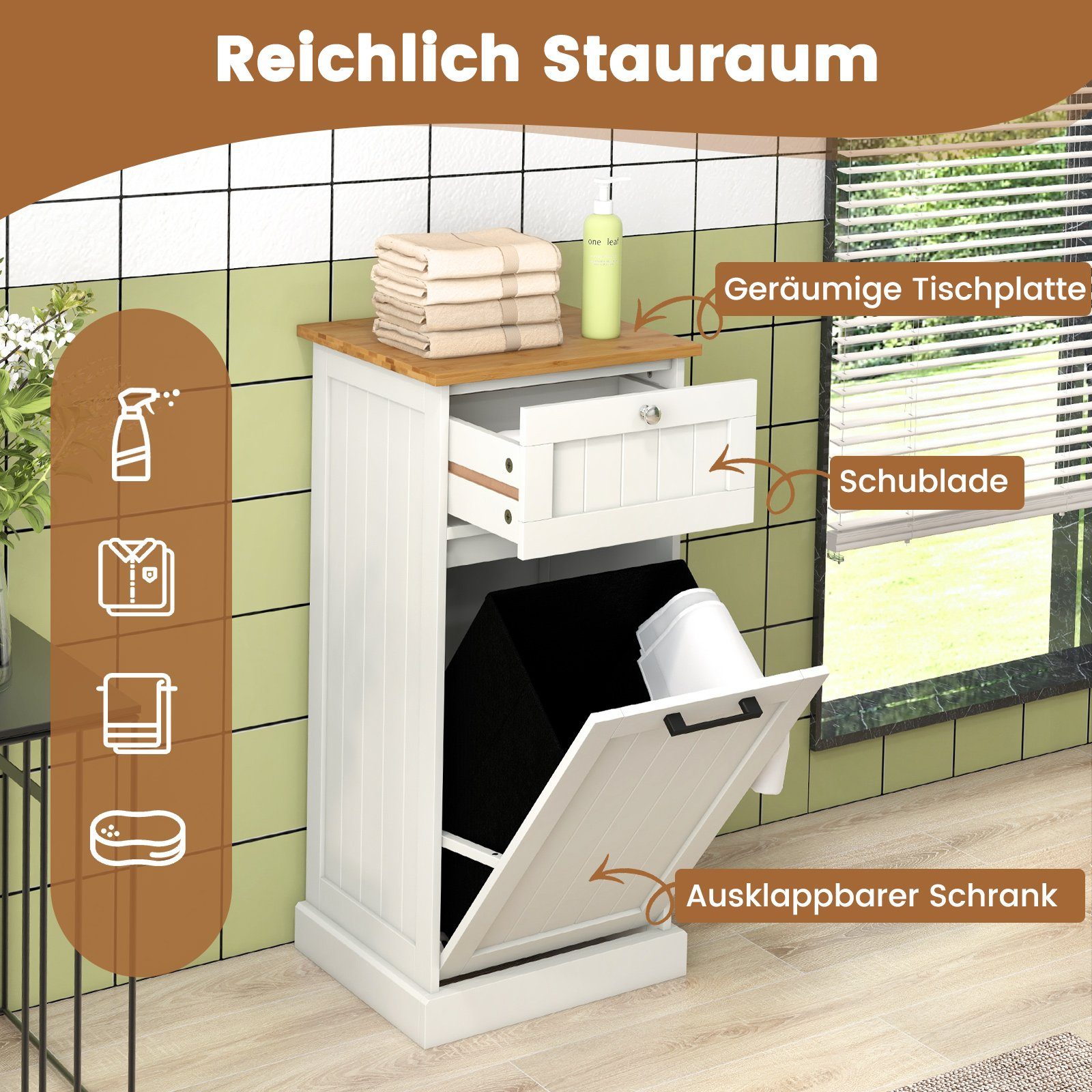 COSTWAY Wäscheschrank mit Wäschekorb & Stauraum, Badezimmerschrank, Weiß
