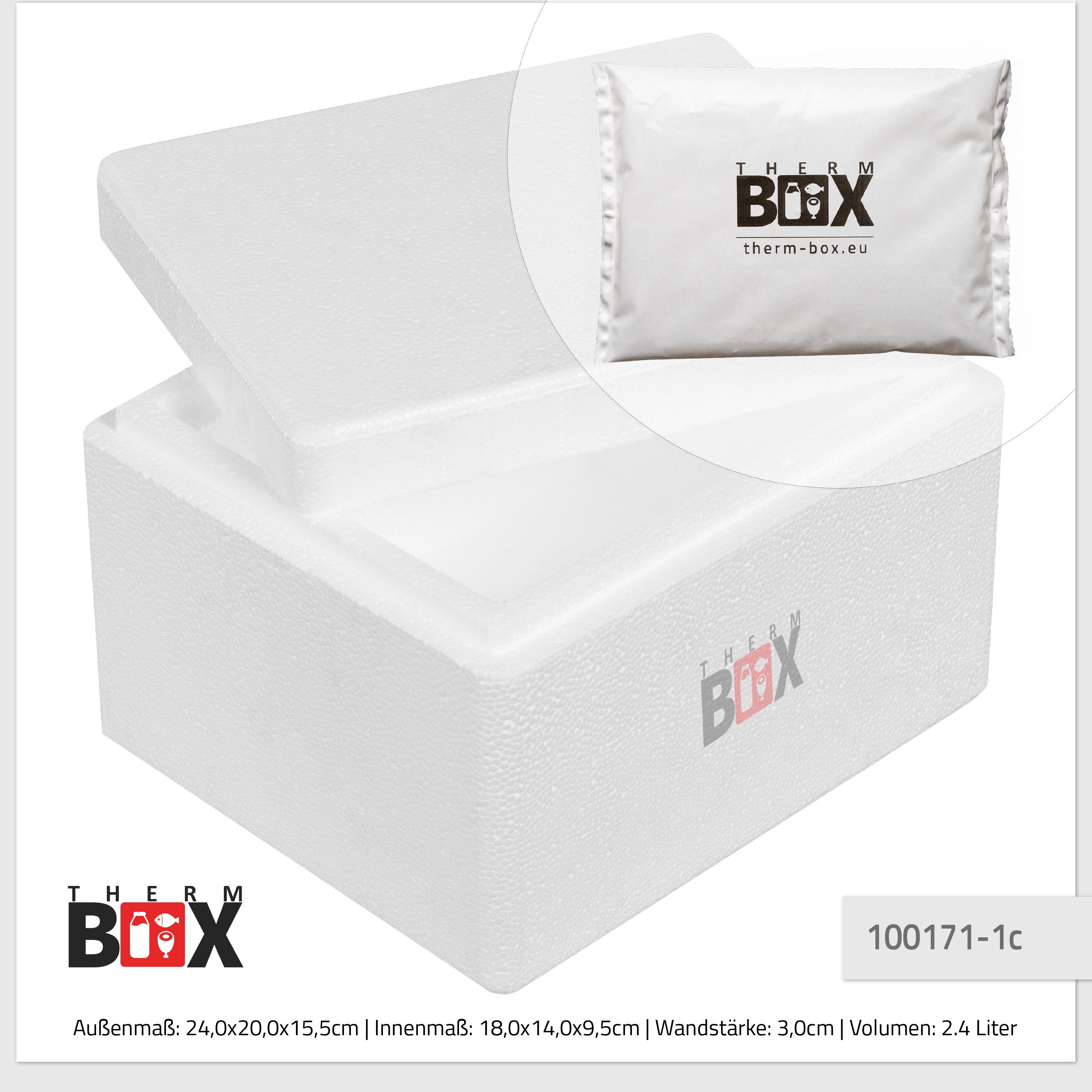 Thermobehälter Styroporbox mit Transportbox Styropor-Verdichtet, Kühlbox Innen: Thermbox (0-tlg., 1 2W Kühlkissen), Kühlkissen, Kühlakku Thermobehälter THERM-BOX 2,4L mit 18x14x9cm