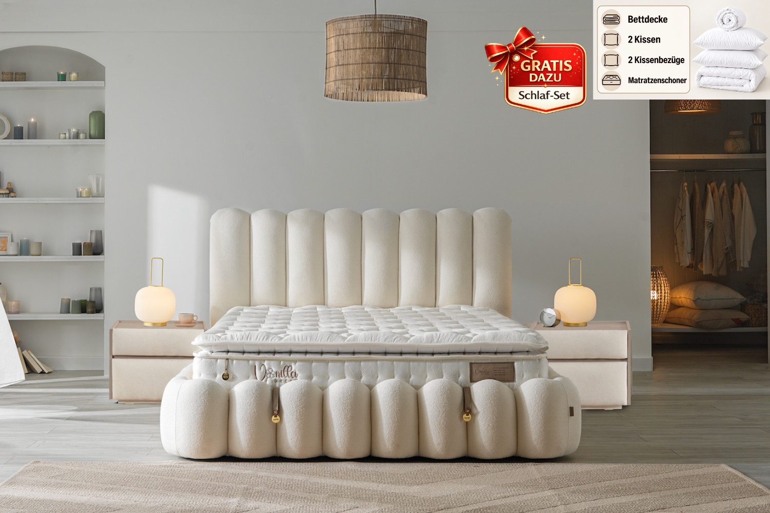BAMBI YATAK Boxspringbett mit Matratze & Stauraum, Bambi Vanilla, Bett mit Bettkasten, H3 Mittel (140x200 cm, 1 x H3 Mittelfest Matratze, 2 x Bettkasten, 1 x Bettkopfteil), Taschenfederkern, Matratzenhöhe: 34 cm