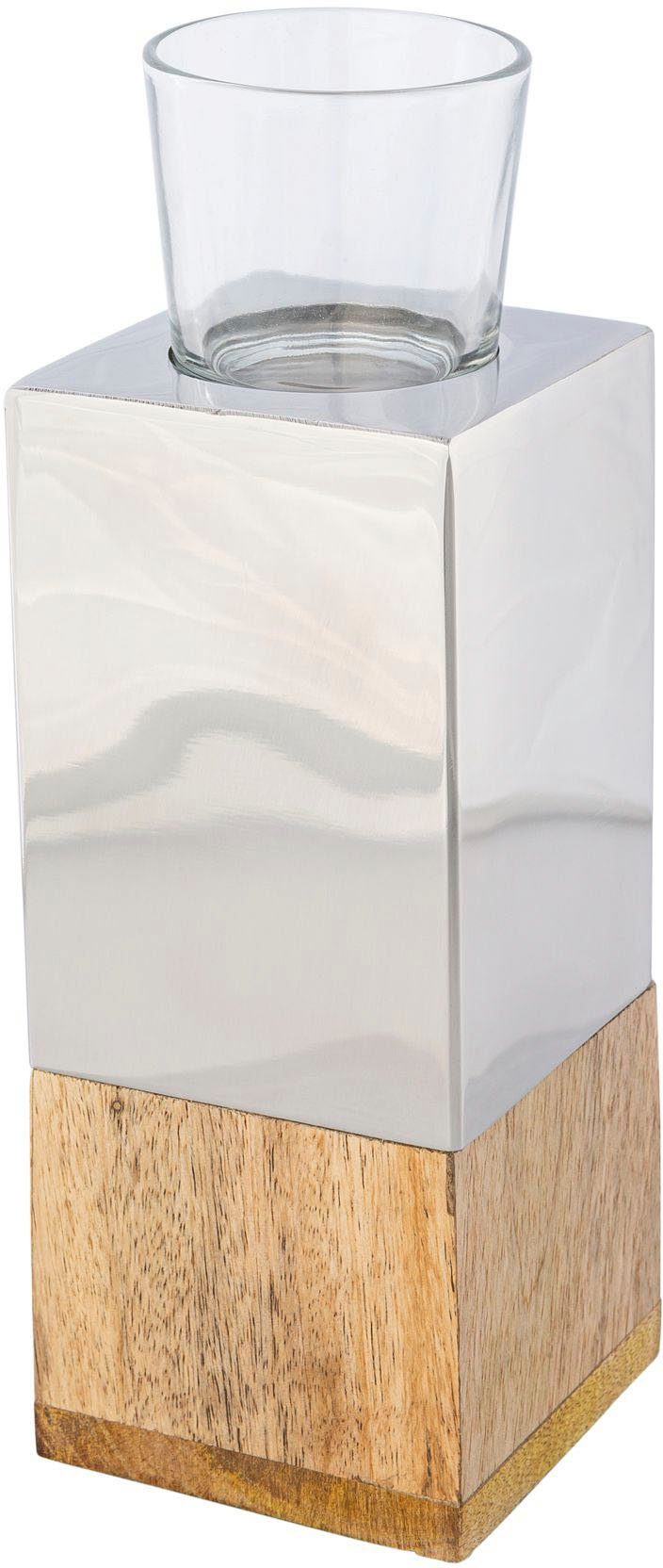 Creativ home Teelichthalter Kerzenhalter Tower (1 St), aus Holz, Edelstahl und Glas