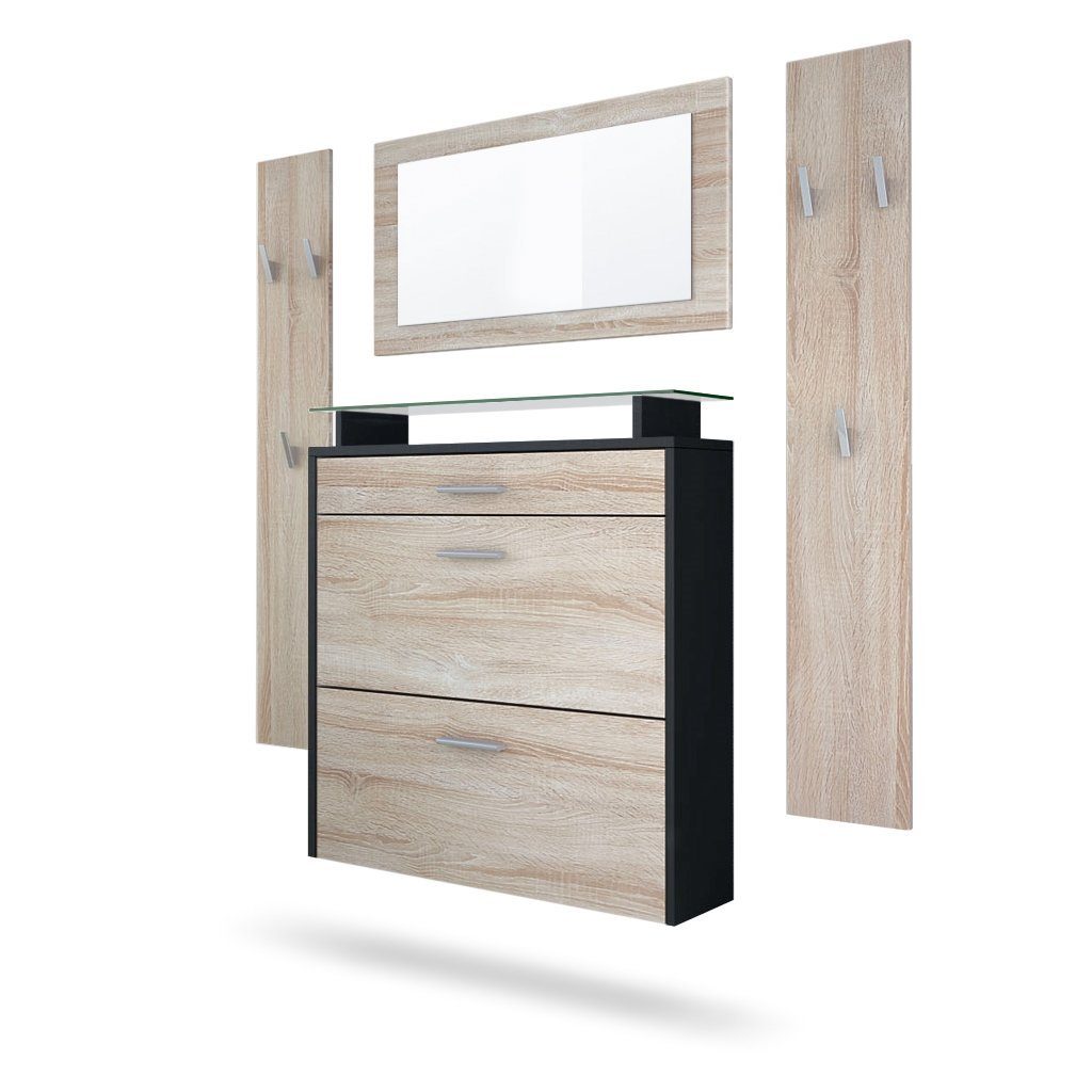 Vladon Garderoben-Set Malea, (Garderobenset bestehend aus 1 Hängeschuhschrank, 1 Wandspiegel und 2 Garderobenpaneele), Schwarz matt/Eiche Sägegrau
