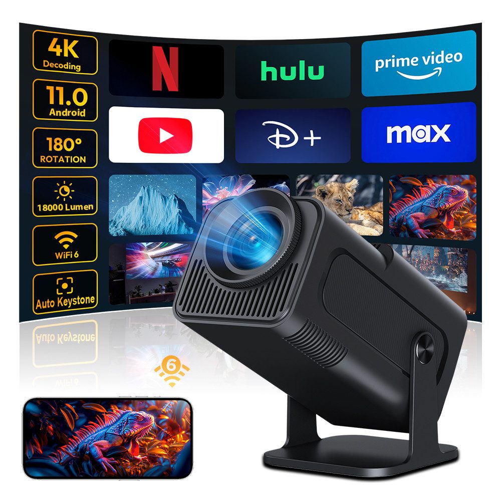 XGODY Native 1080P Smarter Mini-Projektor Android 11 Full HD-Projektor LCD-Beamer (18000 lm, 10000:1, 3840 x 2160 px, 4K-Unterstützung 5G WiFi6 BT 5.0, Elektrischer Fokus Auto Keystone)