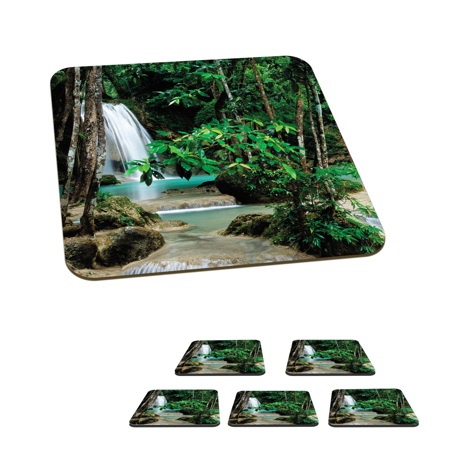 MuchoWow Glasuntersetzer Kleine Wasserfälle zwischen den Bäumen des Erawan-Nationalparks, Zubehör für Gläser, 6-tlg., Glasuntersetzer, Tischuntersetzer, Korkuntersetzer, Untersetzer, Tasse