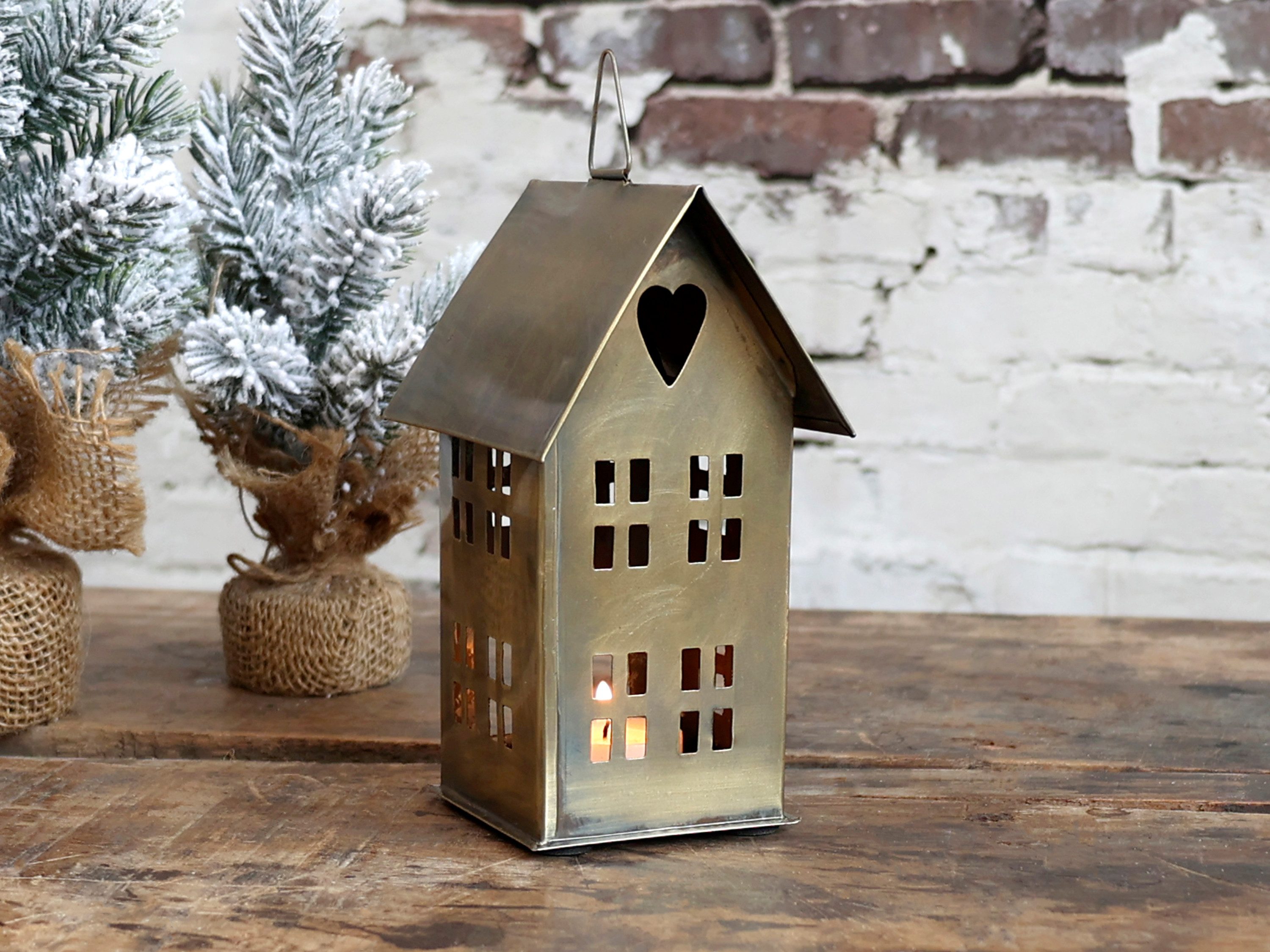 Chic Antique Kerzenlaterne Lichthaus Metall Kerzenhalter Dekohaus mit Patina in Creme/Messing, individuell einsetzbar