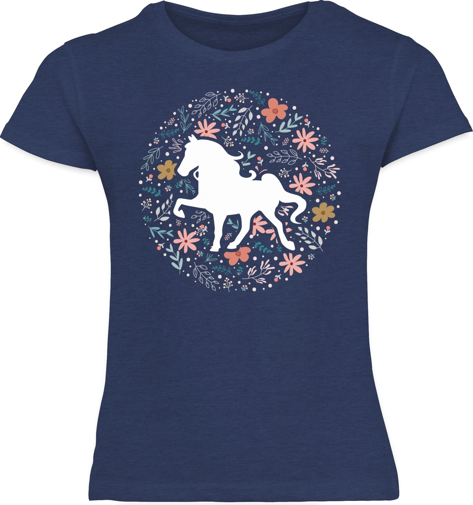 Pferd T-Shirt Blumen mit 2 Pferd Meliert Shirtracer Dunkelblau