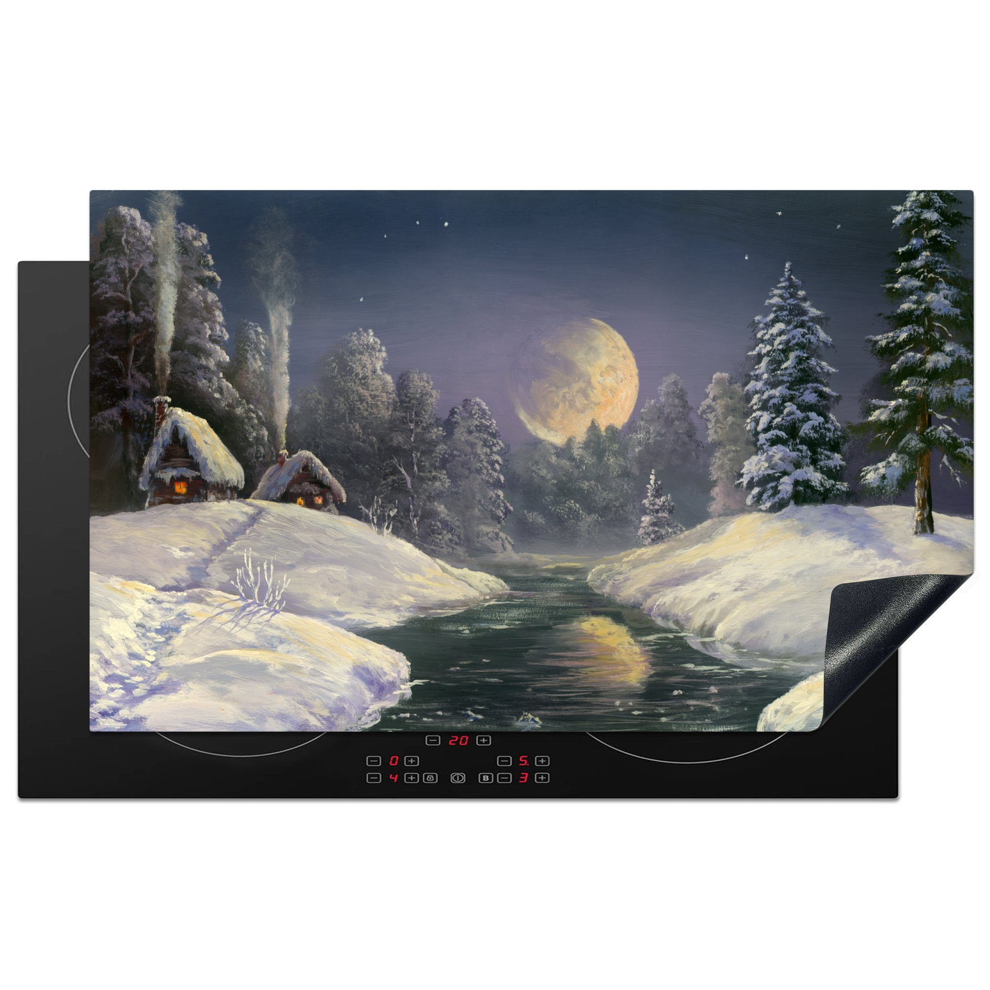 MuchoWow Herdblende-/Abdeckplatte Winter - Mond - Haus - Malerei, Vinyl, (1 tlg), 83x51 cm, Ceranfeldabdeckung, Arbeitsplatte für küche