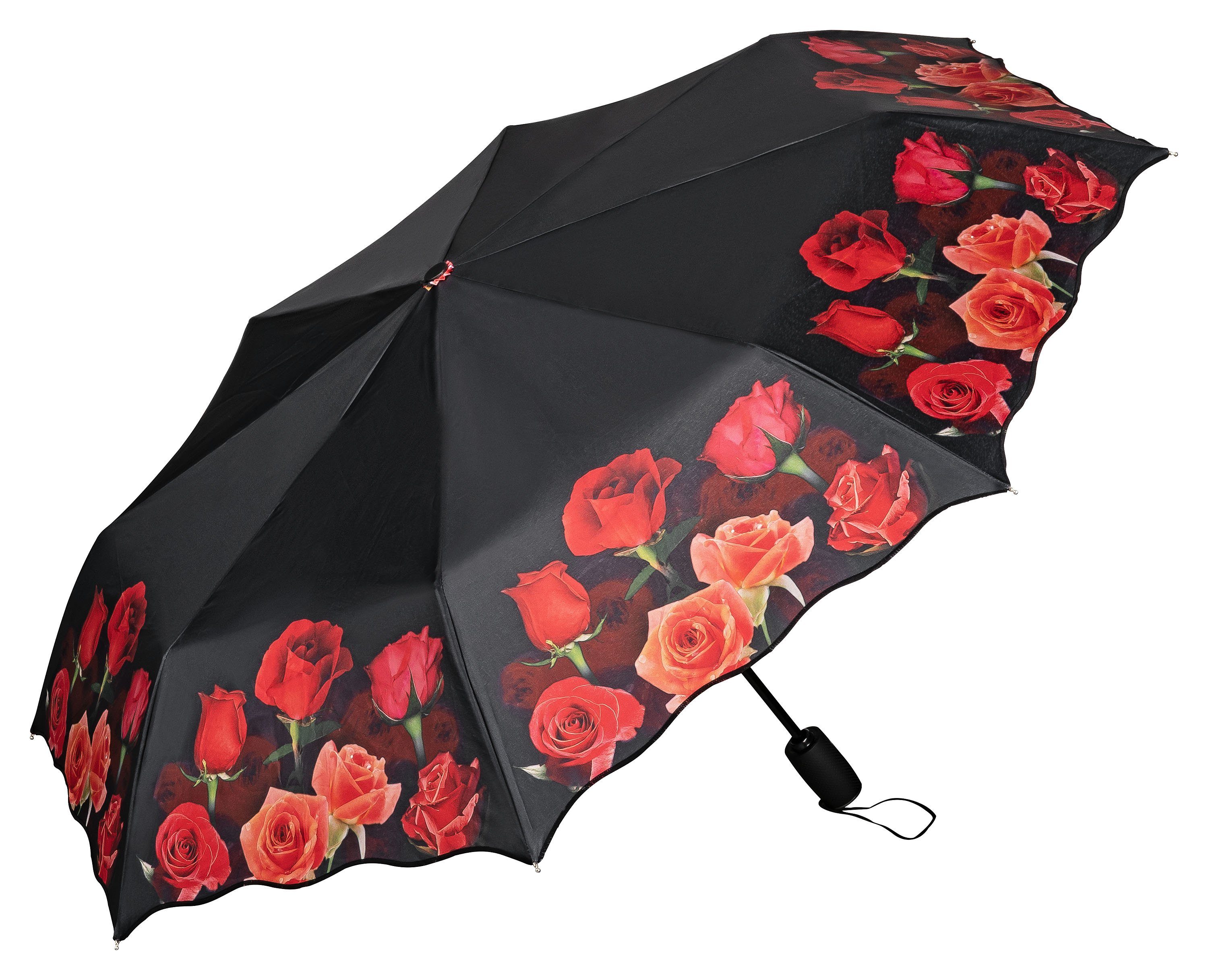 Blüten Wellenkante Kompakt, von Taschenregenschirm Motivschirm Leicht Rosenbouquet Lilienfeld Blumen