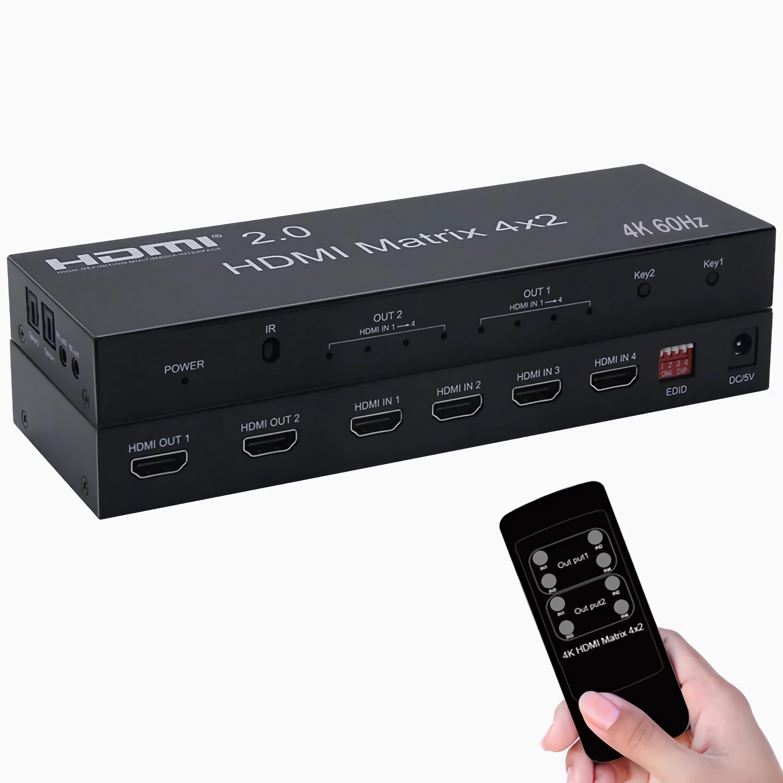 Bolwins C11D HDMI Matrix Splitter 4x2 HD 4K 4 In 2 Out Umschalter Verteiler PC Audio- & Video-Adapter, HDMI 2.0 Matrix Switch 4K 60Hz Umschalter Splitter Video Fernbedienung