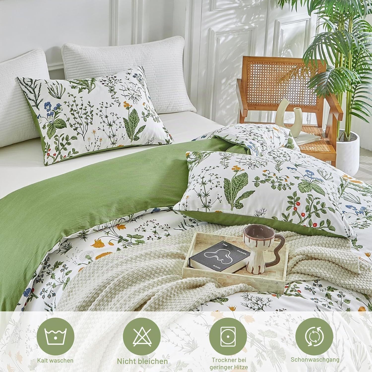 wohnTRAUM24 Bettwäsche Bettwäsche Pflanzenmuster Wende Bettwäsche Set für Allergiker Geeignet, Wendbar Bettbezug mit Reißverschluss und Kissenbezug 80x80cm – Bild 3 von 5
