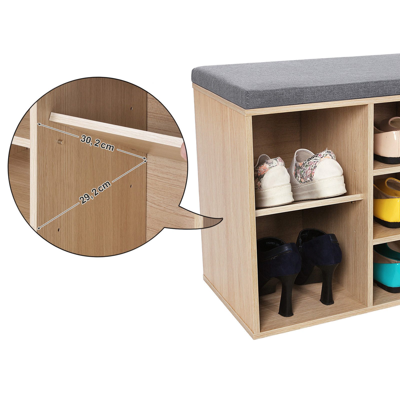 VASAGLE Schuhbank Schuhregal mit Sitzfläche, Sitzbank mit Stauraum, für Schlafzimmer, Flurbank mit 10 Fächern, verstellbaren Ablagen, 30 x 104 x 48 cm