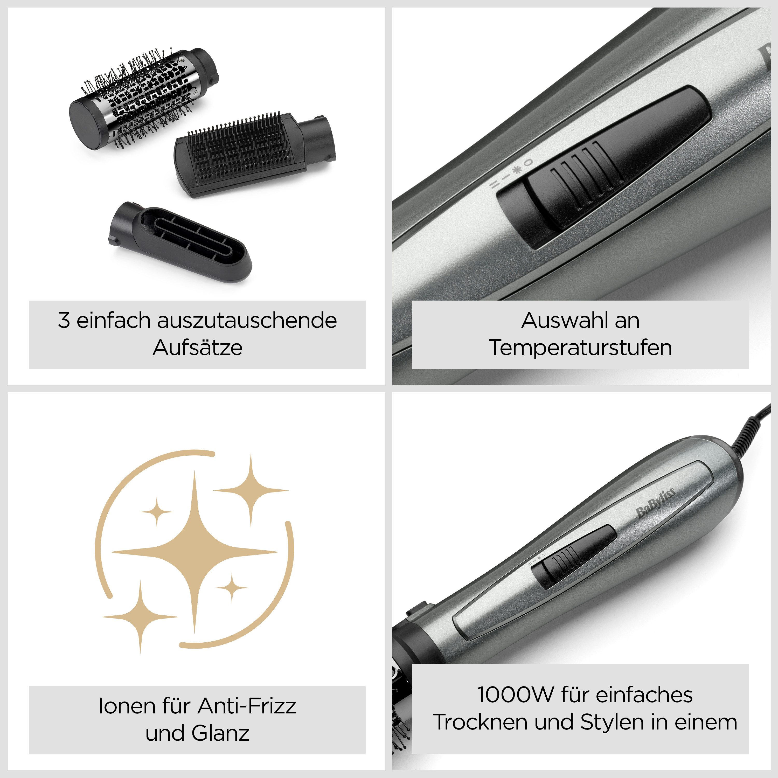 BaByliss Warmluftbürste Xanadu Warmluftbürste mit 3 Aufsätzen, 1000W, AS261E, Rundbürstenföhn, 3-in-1 Föhnen, Glätten, Volumen, Ionen-Technologie