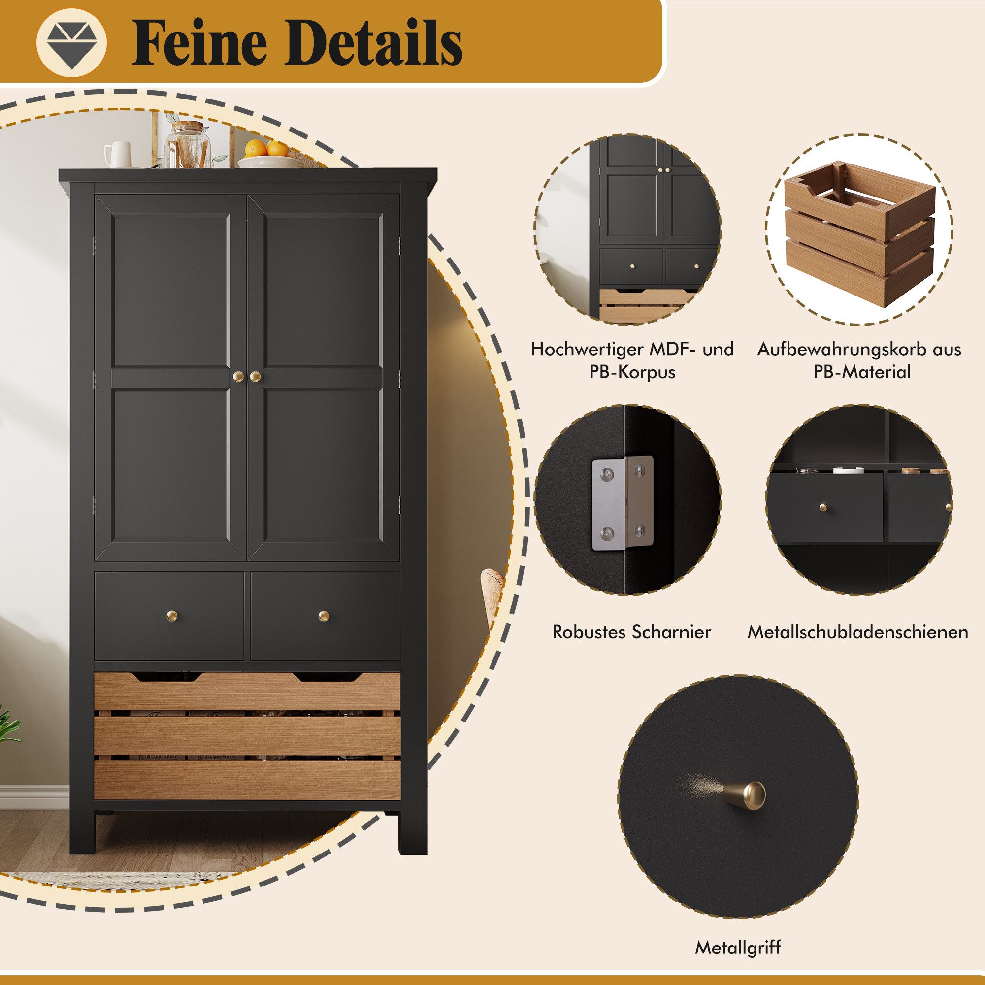 Odikalo Küchenbuffet Küchenschrank Buffetschrank (Küchenschrank (80x40x140cm), hohes Küchenbuffet, Mehrzweckbuffet, Snackschrank, Aufbewahrungsmöbel mit zwei Tü – Bild 4 von 5