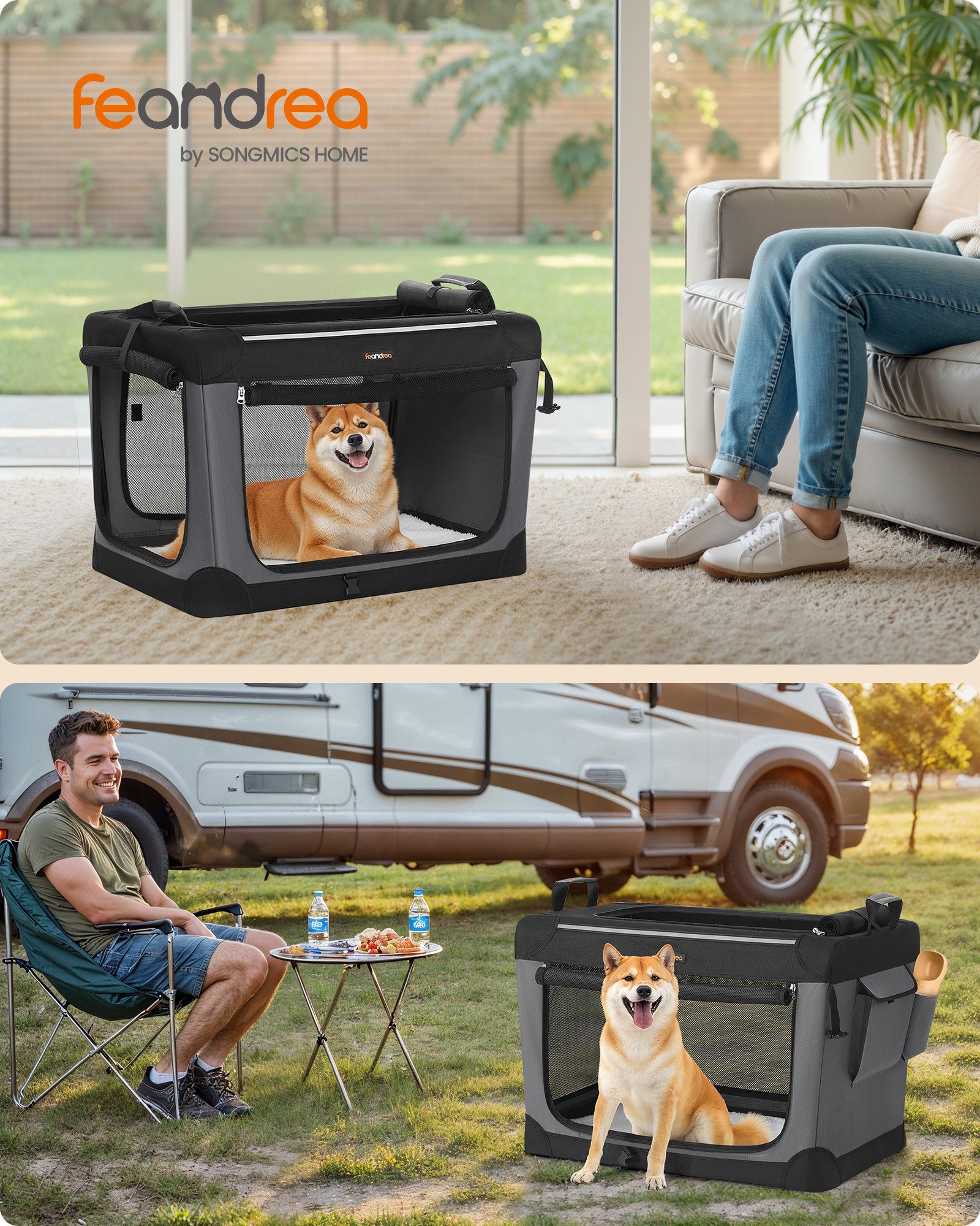 FEANDREA Tiertransporttasche Hundebox faltbar, Hundetasche, Taschen für Futter und Wasserflasche, 76,2 cm, mittelgroße Hunde, Oxford-Gewebe, 4 Türen aus Netzstoff