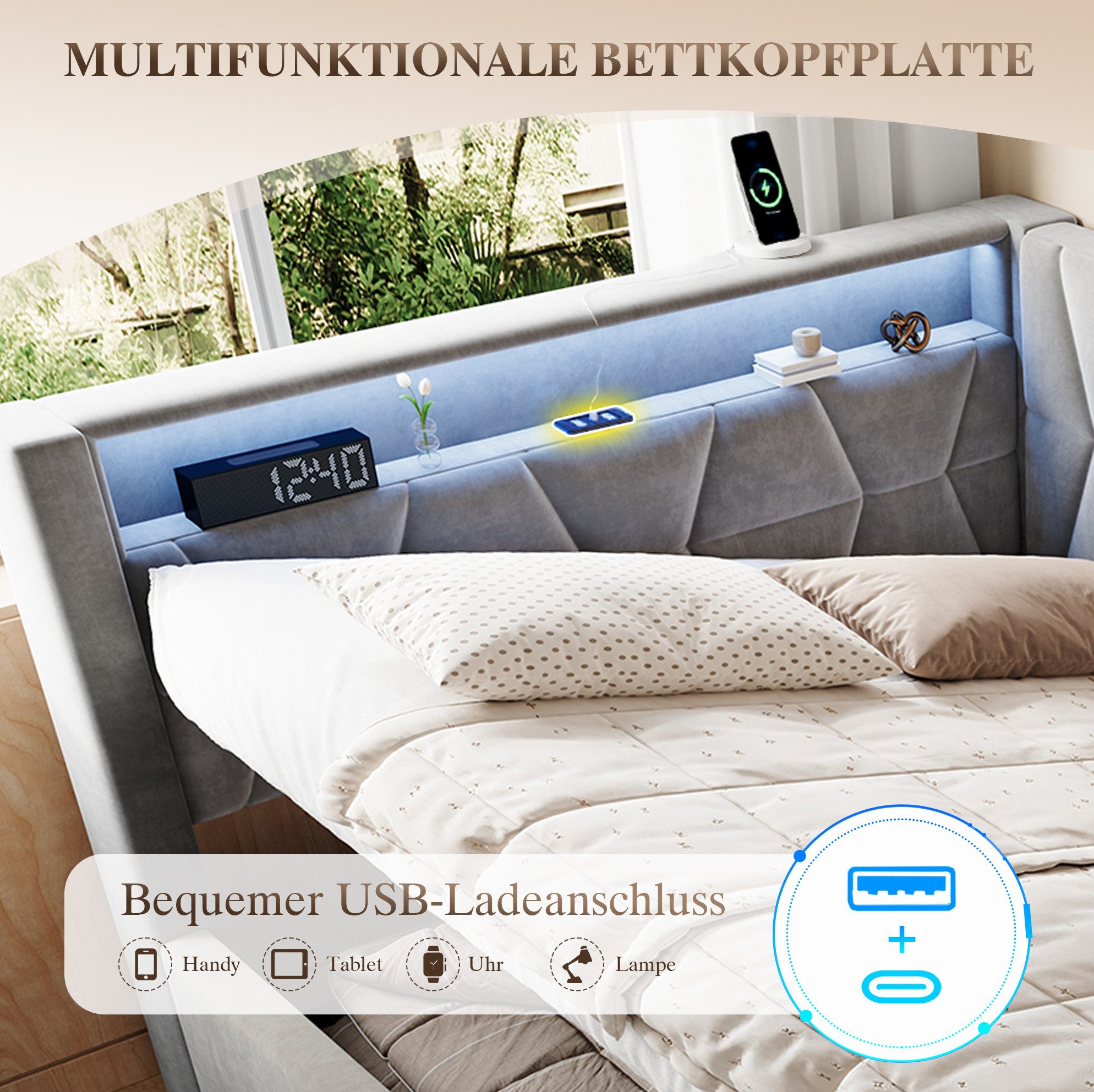 OKWISH Schlafsofa Polsterbett, mit Stauraum und Samtbezug, 140x200 cm Funktionsbett mit LED-Licht an Kopf- und Fußteil, USB-C Anschluss, hydraulischem Bettkasten und Lattenrost, ohne Matratze