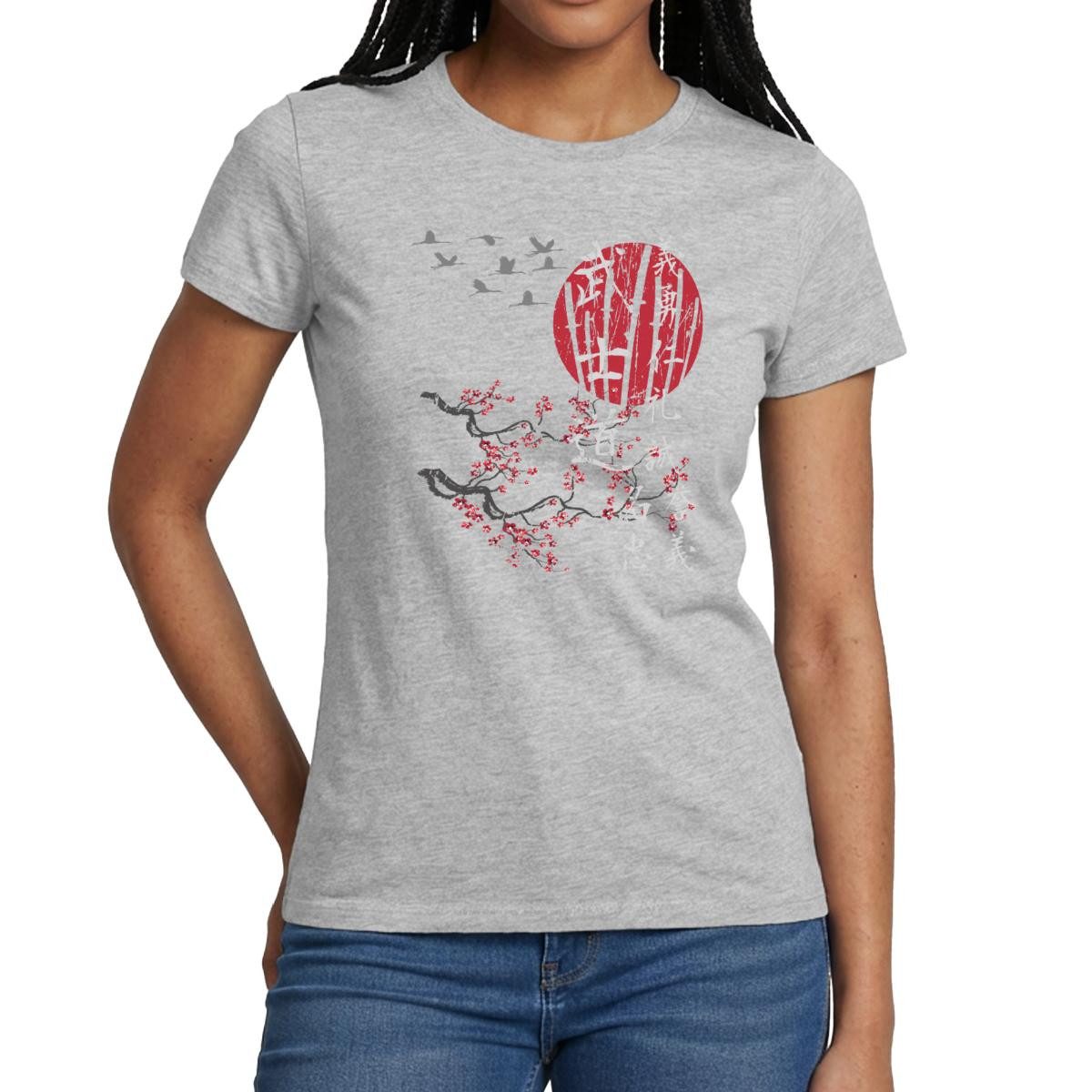 Spreadshirt T-Shirt Japanische Kirschblüte Sonne Kraniche Frauen T-Shirt (1-tlg) Slim Fit, fällt klein aus