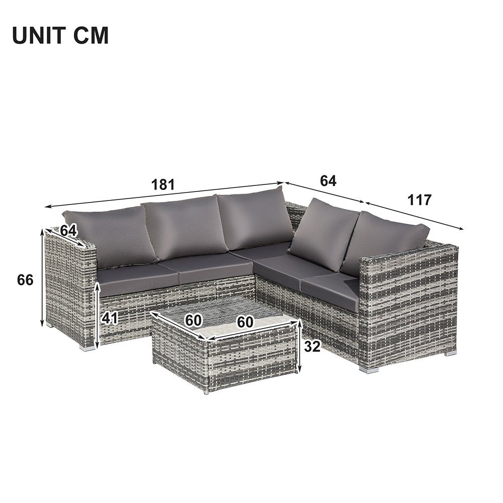 Gartenlounge-Set, Balkonmöbel, Gartenmöbel-Set, 1 Sofa, 1 Ecksofa, 1 Glastisch, Kissen, aus PE-Polyrattan