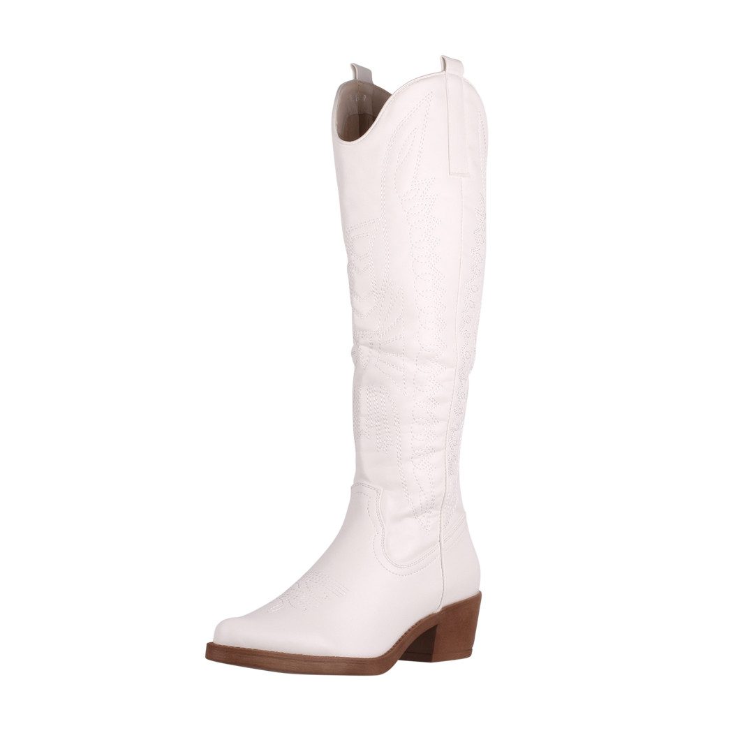 Elara Damen Westernstiefel kniehoch mit Stickerei und Blockabsatz Cowboystiefel