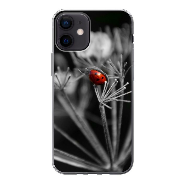 MuchoWow Handyhülle Schwarz-Weiß-Foto eines roten Marienkäfers auf einer Pflanze Handyhülle Apple iPhone 12 Smartphone-Bumper Print Handy