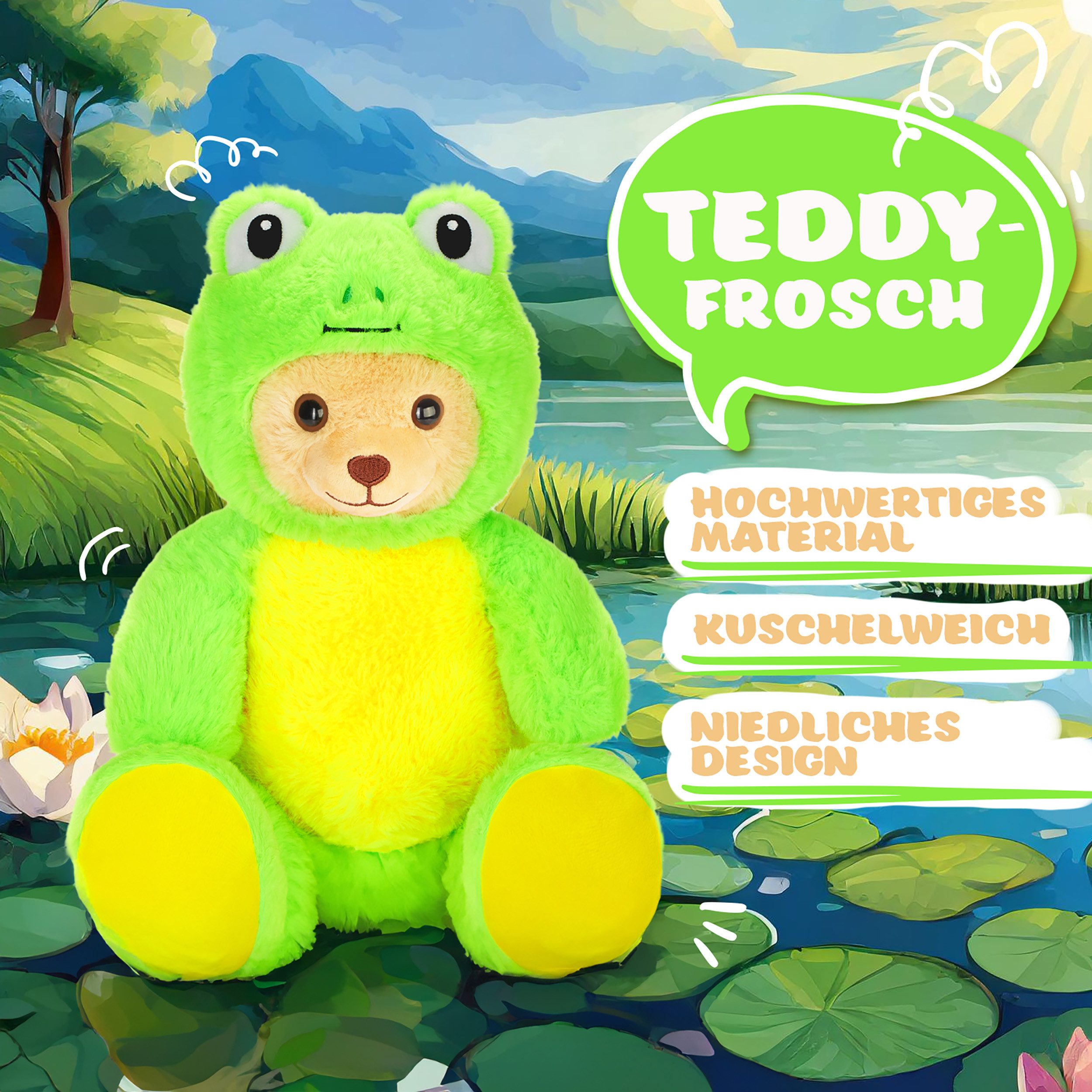 BRUBIES Kuscheltier Teddy Frosch - 25 cm Teddybär im Froschkostüm mit Kapuze (Plüschtier für kuschelige Abenteuer, 1-St), Kuscheltier Geschenk für Kinder