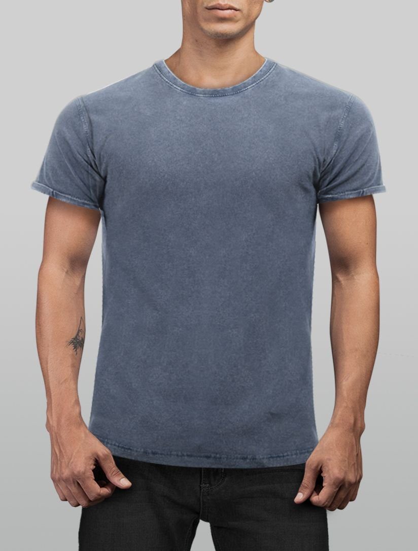 Neverless mit Herren Fit blau Basic Angesagtes Aufdruck Print Look Shirt ohne Slim T-Shirt Vintage Neverless® Used Print-Shirt Cooles