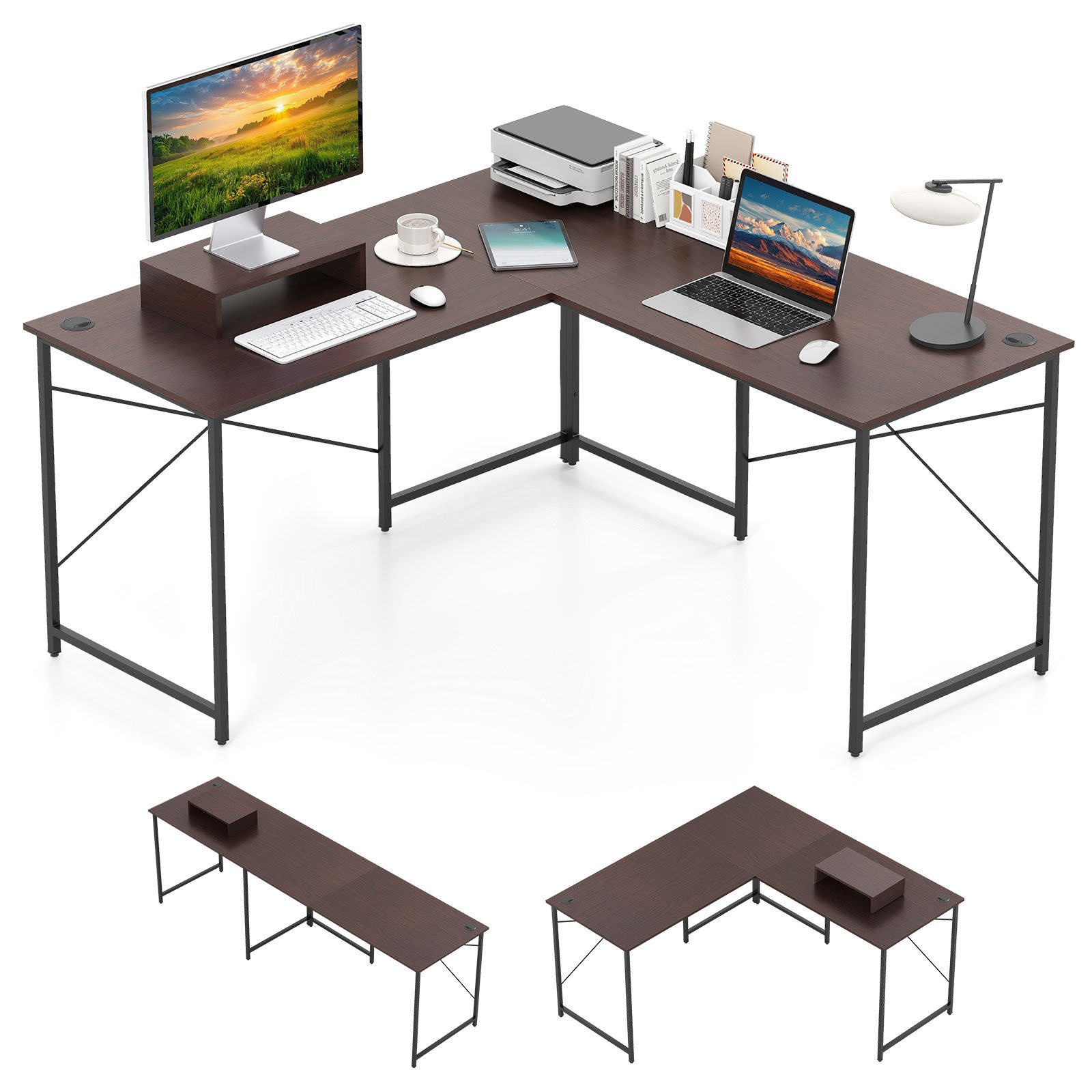 COSTWAY Eckschreibtisch, Reversibler Schreibtisch in L-Form mit Kabellöchern