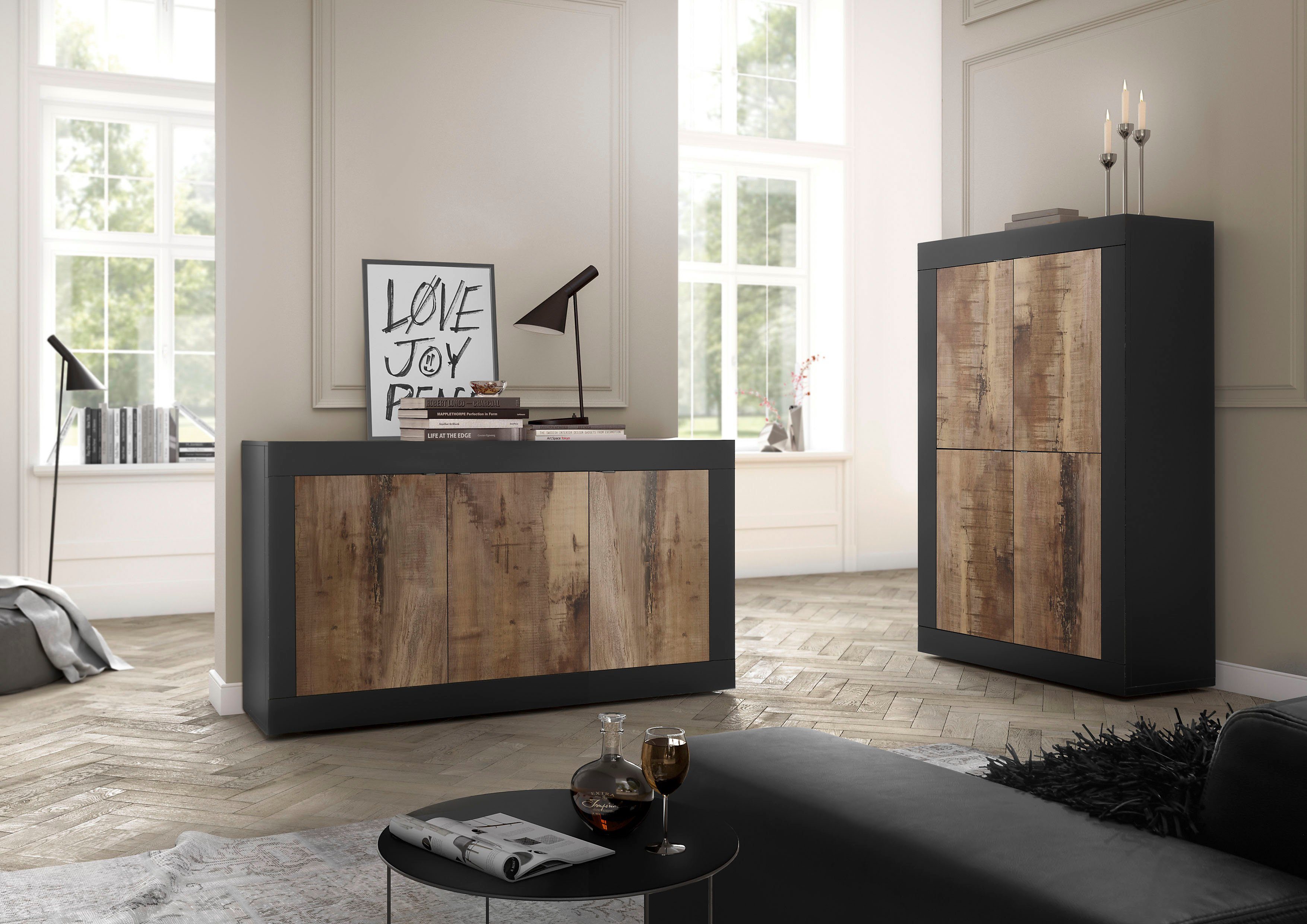 Home affaire Highboard Basic Höhe 162 cm, Breite 102 cm, Kommode 4 Türen, Hochkommode, Metallgriff, moderne Rahmenoptik, viel Stauraum, Farbauswahl