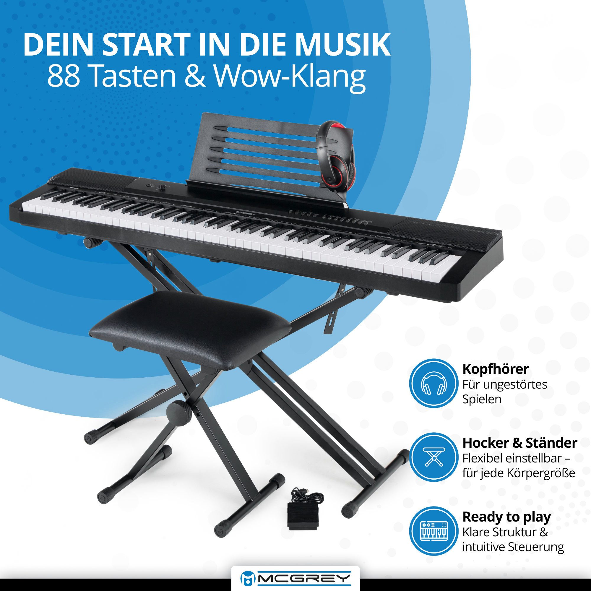 McGrey Home-Keyboard SK-88 - 88 Tasten Einsteiger-Keyboard in Stagepiano-Optik (Super Kit, 5-St., inkl. Sustain-Pedal, Keyboardständer, Hocker und Kopfhörer), 146 Sounds, USB to Host Aufnahme-, Split-, Dual- und Twinova-Funktion
