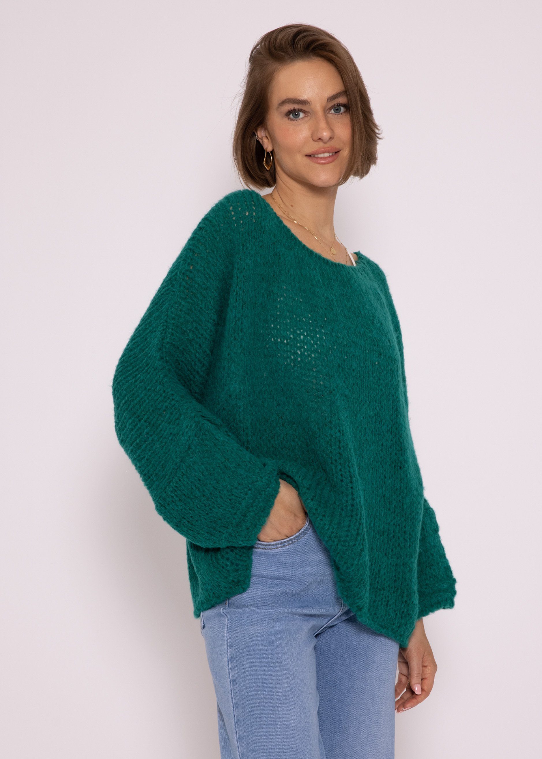 SASSYCLASSY Strickpullover Oversize Pullover aus Damen Italy weichem Strickpullover Lässiger in lang Rundhals-Ausschnitt, Grün Made Grobstrick mit