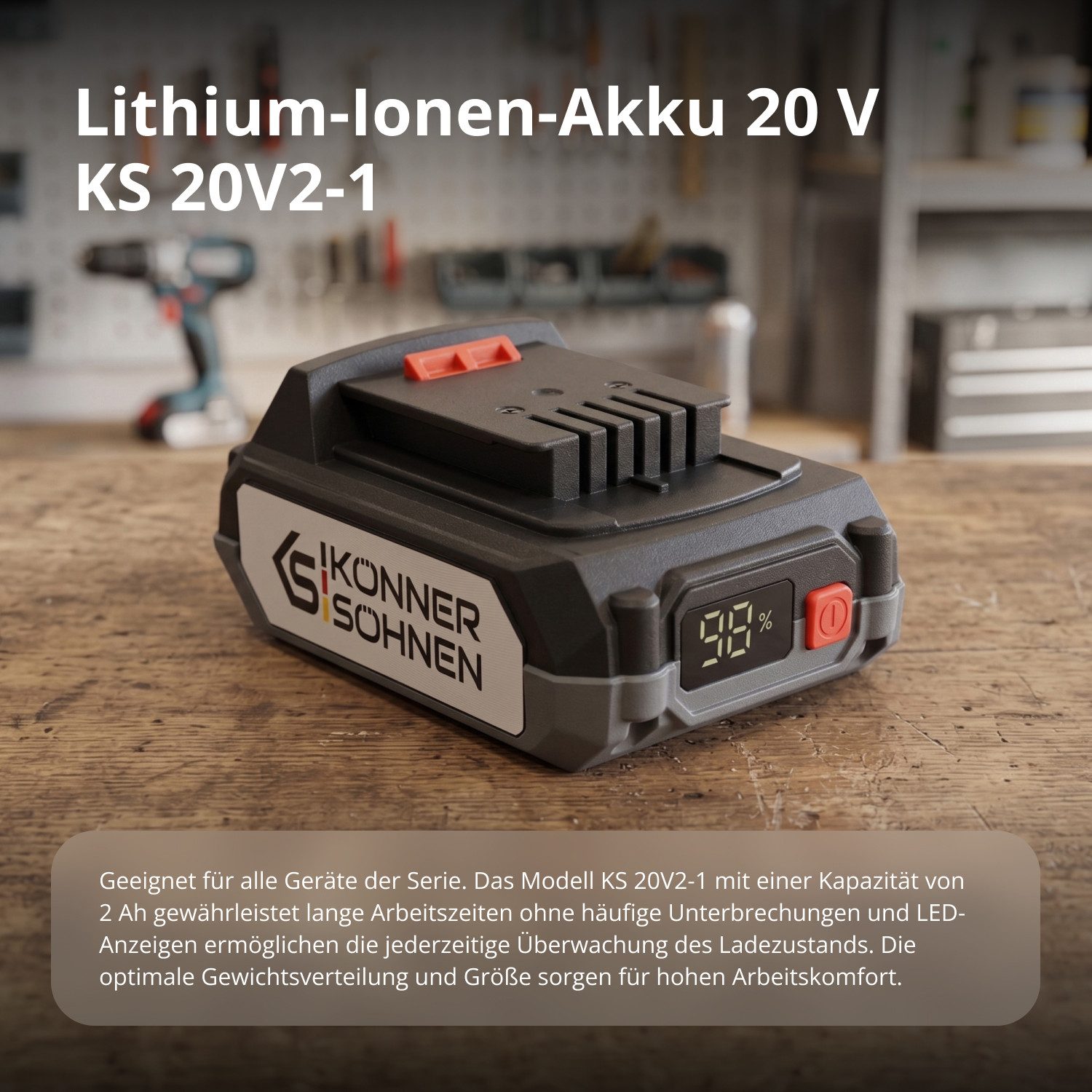 Könner & Söhnen KS 20V2-1-KIT Akku (1 St), Ultra-leicht (0,47kg Akku), LED-Anzeige, Mehrstufiger Schutz