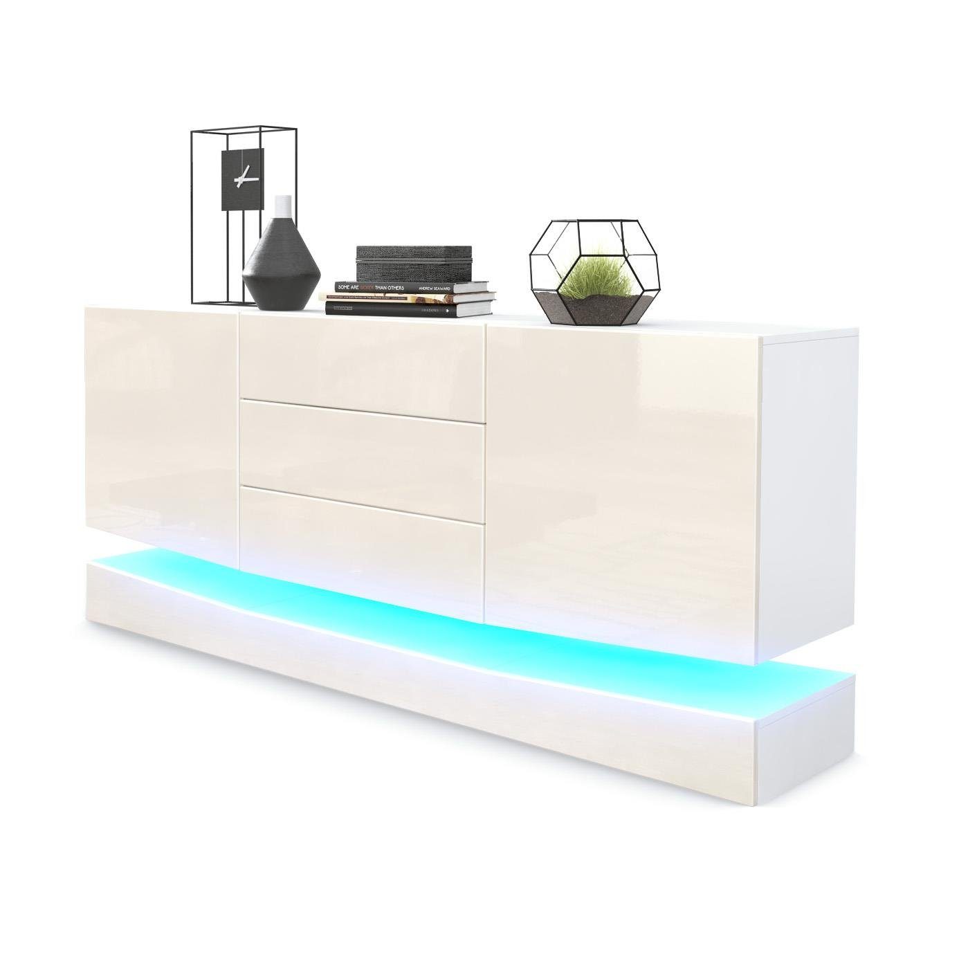 Vladon Sideboard City (Kommode mit 2 Türen, und 3 Schubladen inkl. LED-Beleuchtung), Weiß matt/Creme Hochglanz (178 x 72 x 38 cm)