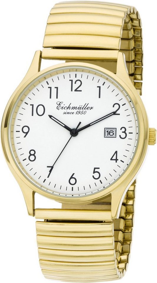 Eichmüller Quarzuhr Herrenuhr 3052-02 Weiss Zugband vergoldet poliert  Edelstahl 38 mm