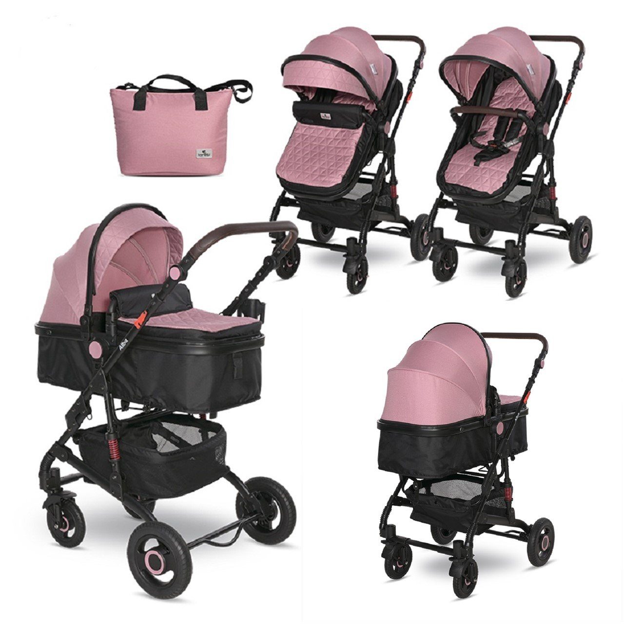 Lorelli Kombi-Kinderwagen Kinderwagen Alba 2 in 1, Sportsitz Babywanne Gummireifen, einstellbar pink