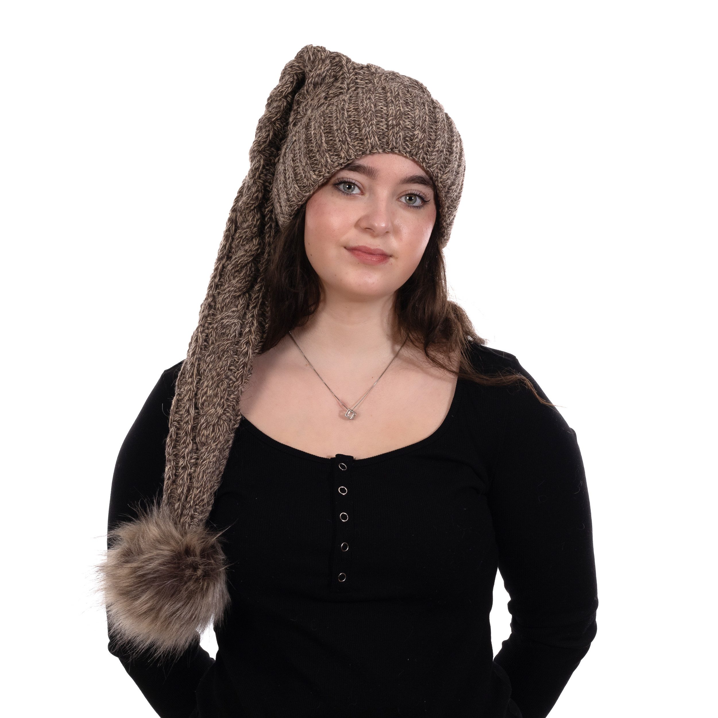 Strickmütze Birendy Beanie A103 braune Mütze Zipfelmütze Pudelmütze Extra Lang