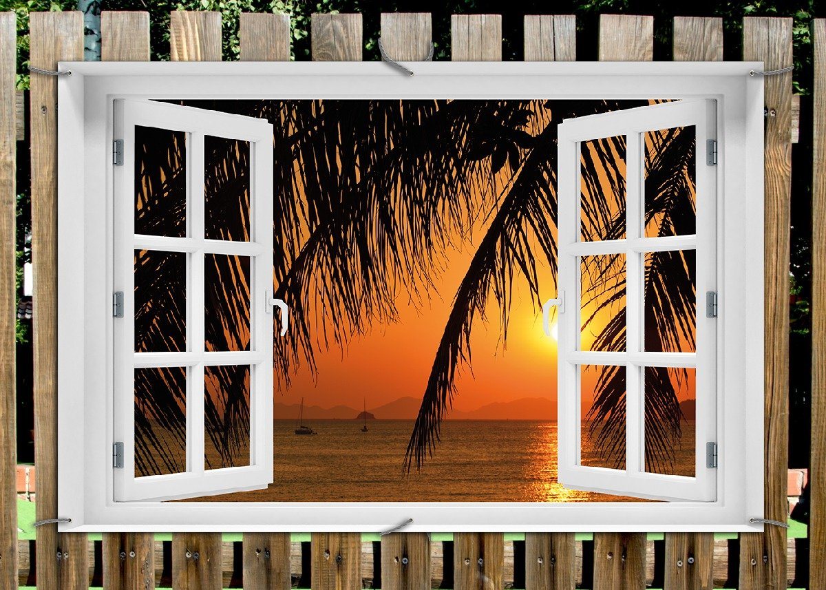 Thumbnail - Wallario Sichtschutzzaunmatten Sonnenuntergang unter Palmenblättern, mit Fenster-Illusion
