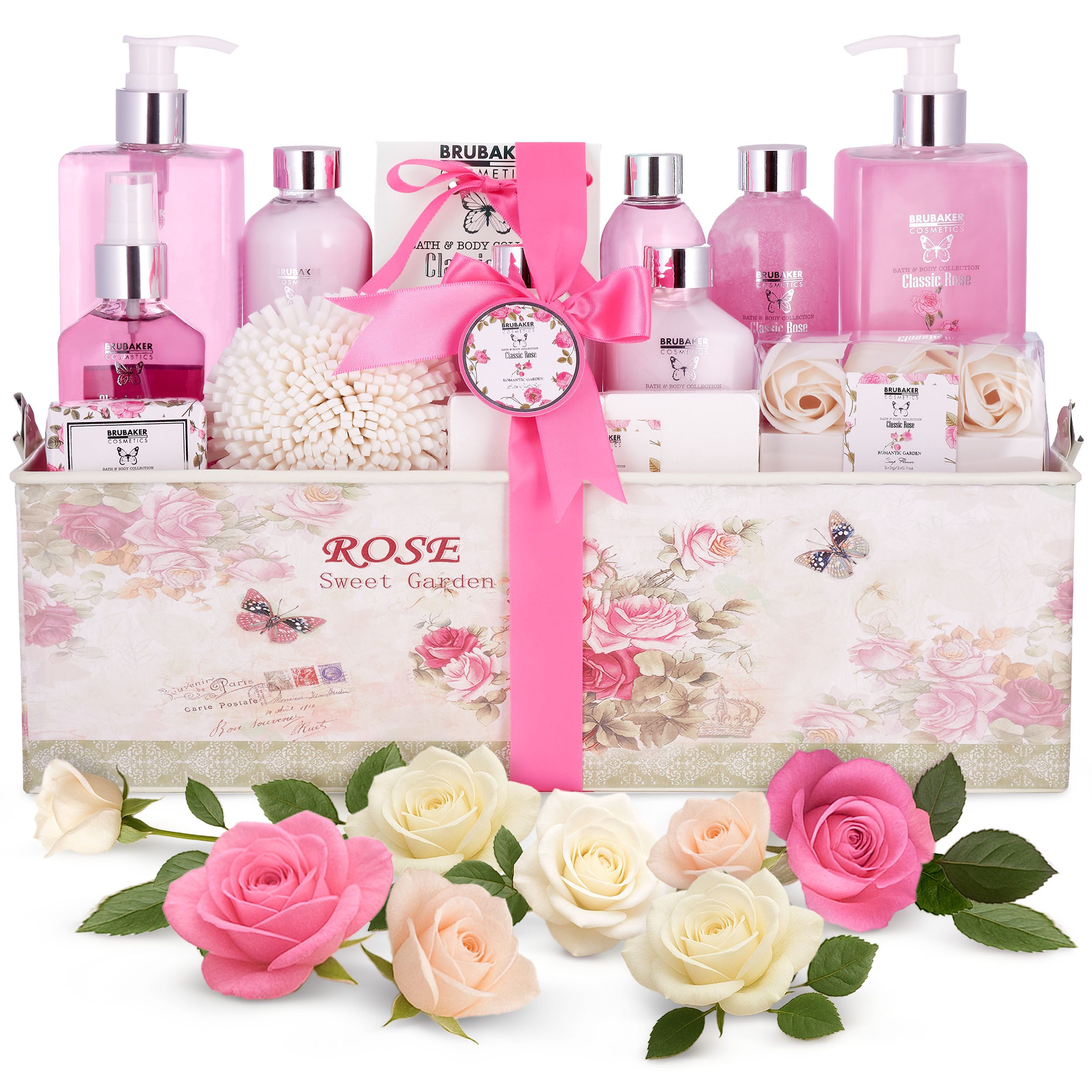 BRUBAKER Pflege-Geschenkset Damen Dusch- und Badeset - Rose Pflegeset, 17-tlg., Geschenkset in Vintage Geschenkbox, Rosen Duft
